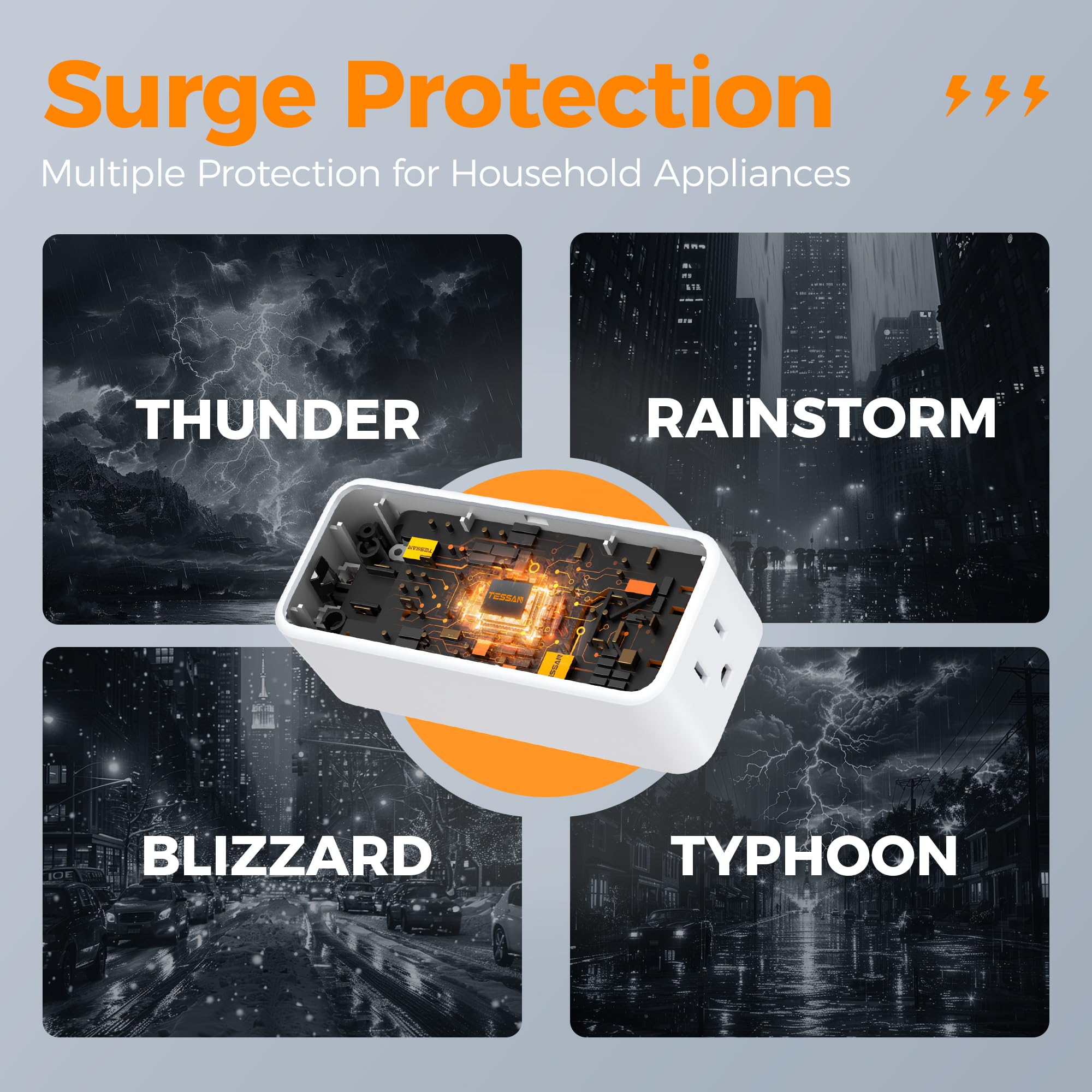 Surge Protector Outlet Extender, Tessan Multi Plug Wall Outlet With 4 Widely Spaced Adapter, 900J Wall Charger, Multiple Plug Sp