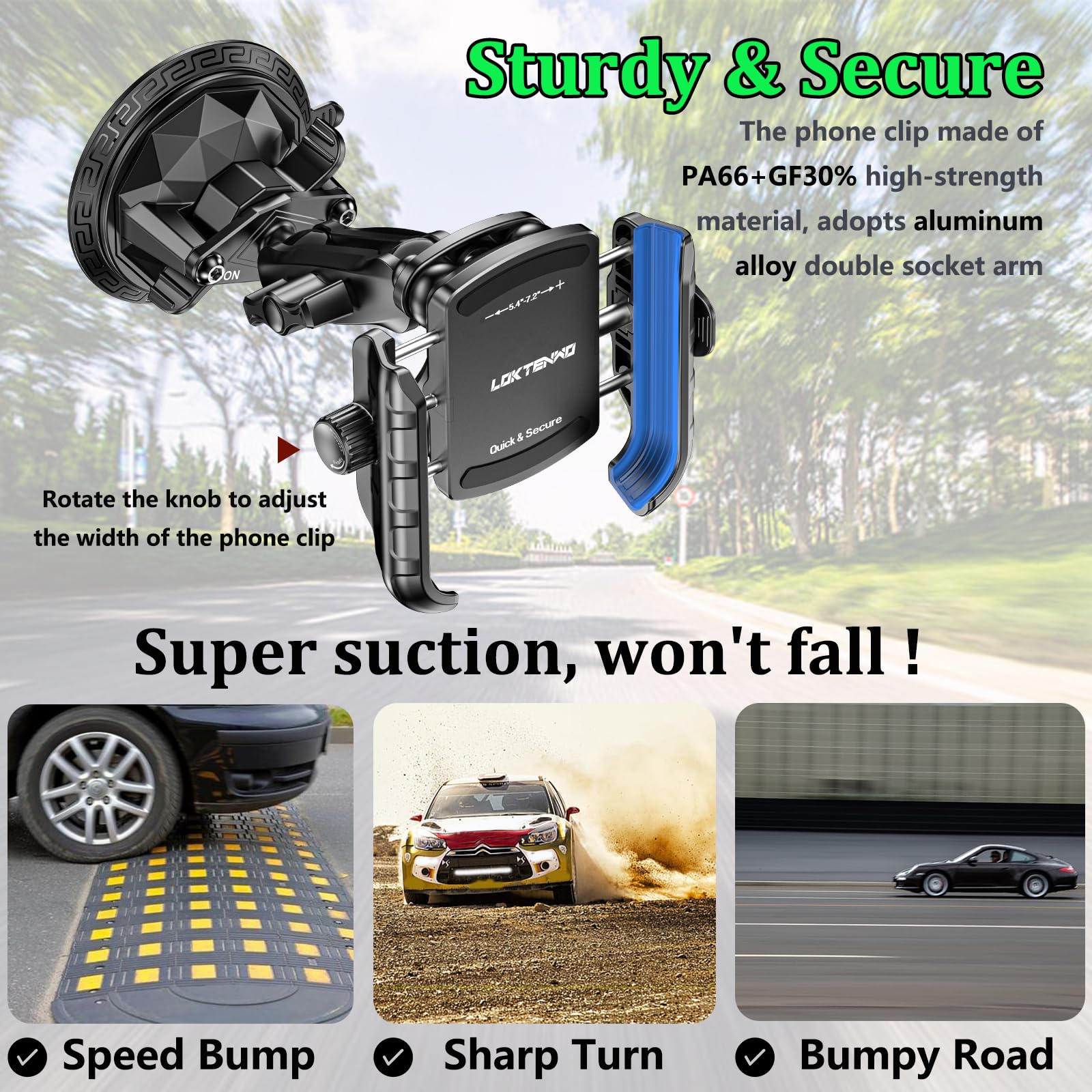 Loktenwo Car Phone Holder Mount With Vibration Dampener & Twist-Lock Suction Cup Base, [Camera Friendly] [1S Lock & Release] Wit