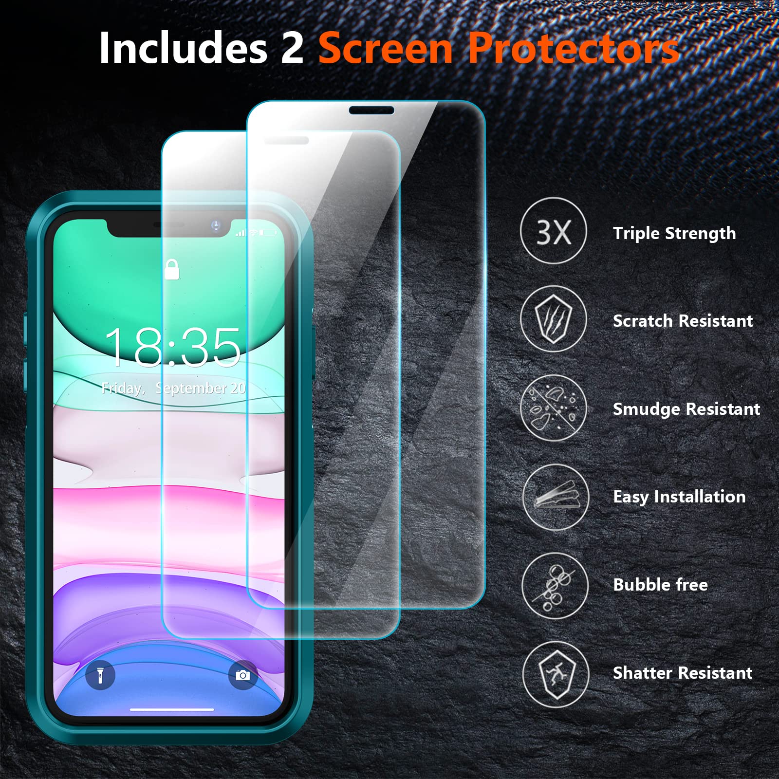 Spidercase Shockproof For Iphone 11 Case, [10 Ft Military Grade Drop Protection] [2 Pcs Tempered Glass Screen Protector+2 Pcs Ca