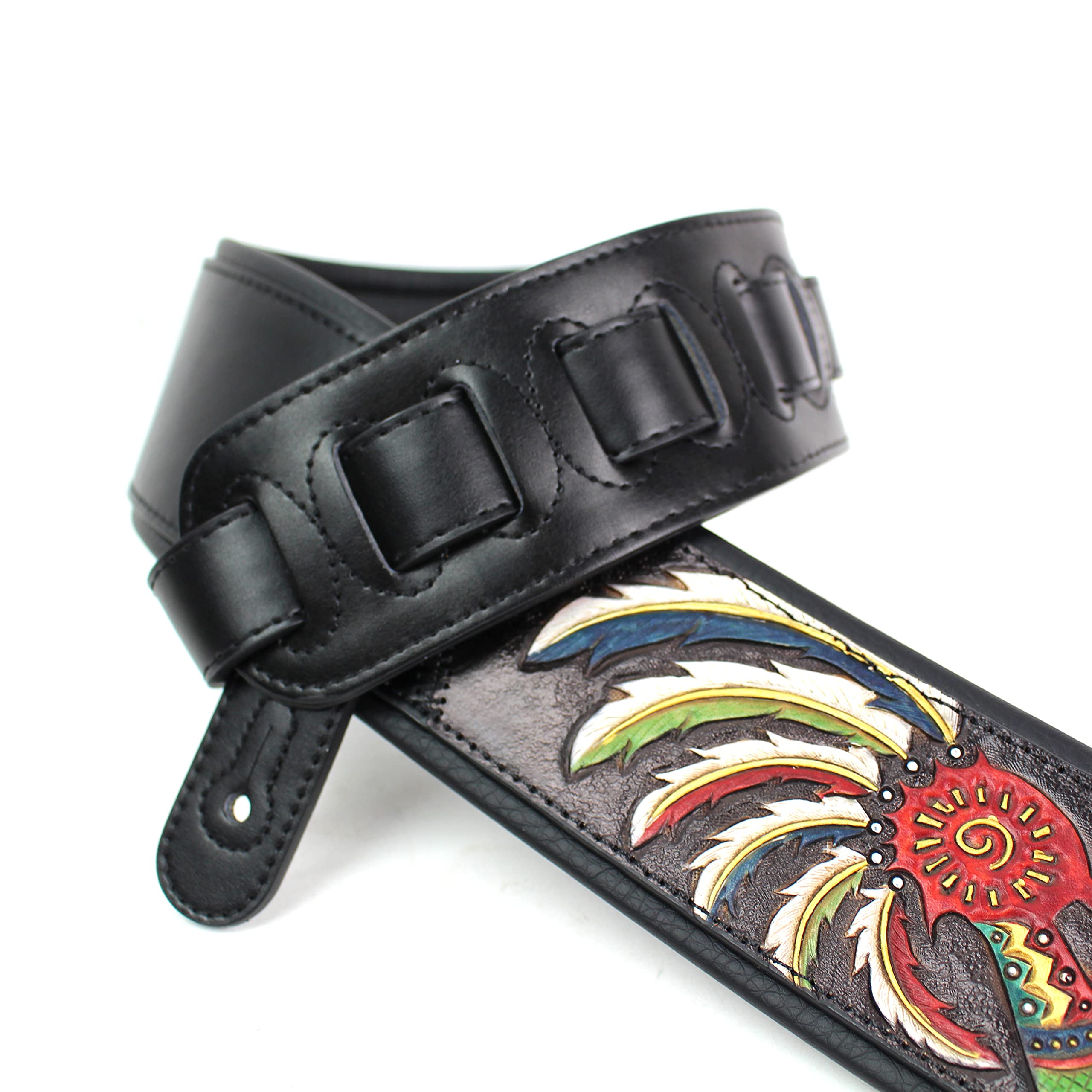 Walker And Williams Kb 56 Blk Handmade 3'' Wide Black Padded Guitar Strap With Carved Red Kokopelli Design On Premium Black Leat