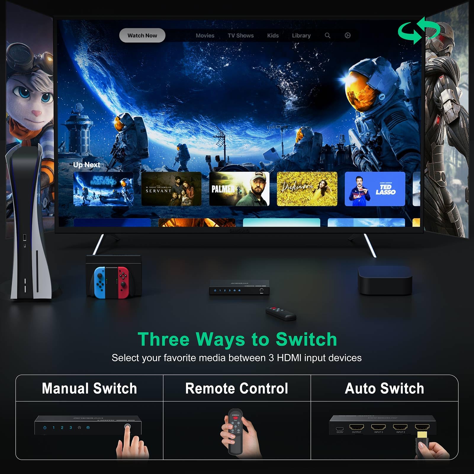 3 Port Hdmi Switch 4K 60Hz, Avidgram Hdmi 2.0 Switcher 3 In 1 Out Selector Box With Ir Remote Control Support Hdcp 2.2 Hdr10 3D