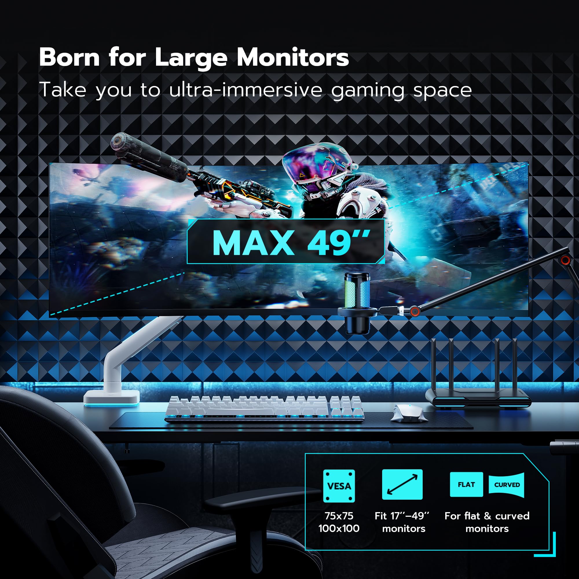 Ares Wing Monitor Desk Mount With Rgb For 49'' Samsung Odyssey G9 And Lg Heavy Duty Monitor, Ultrawide Monitor Mount Support Up