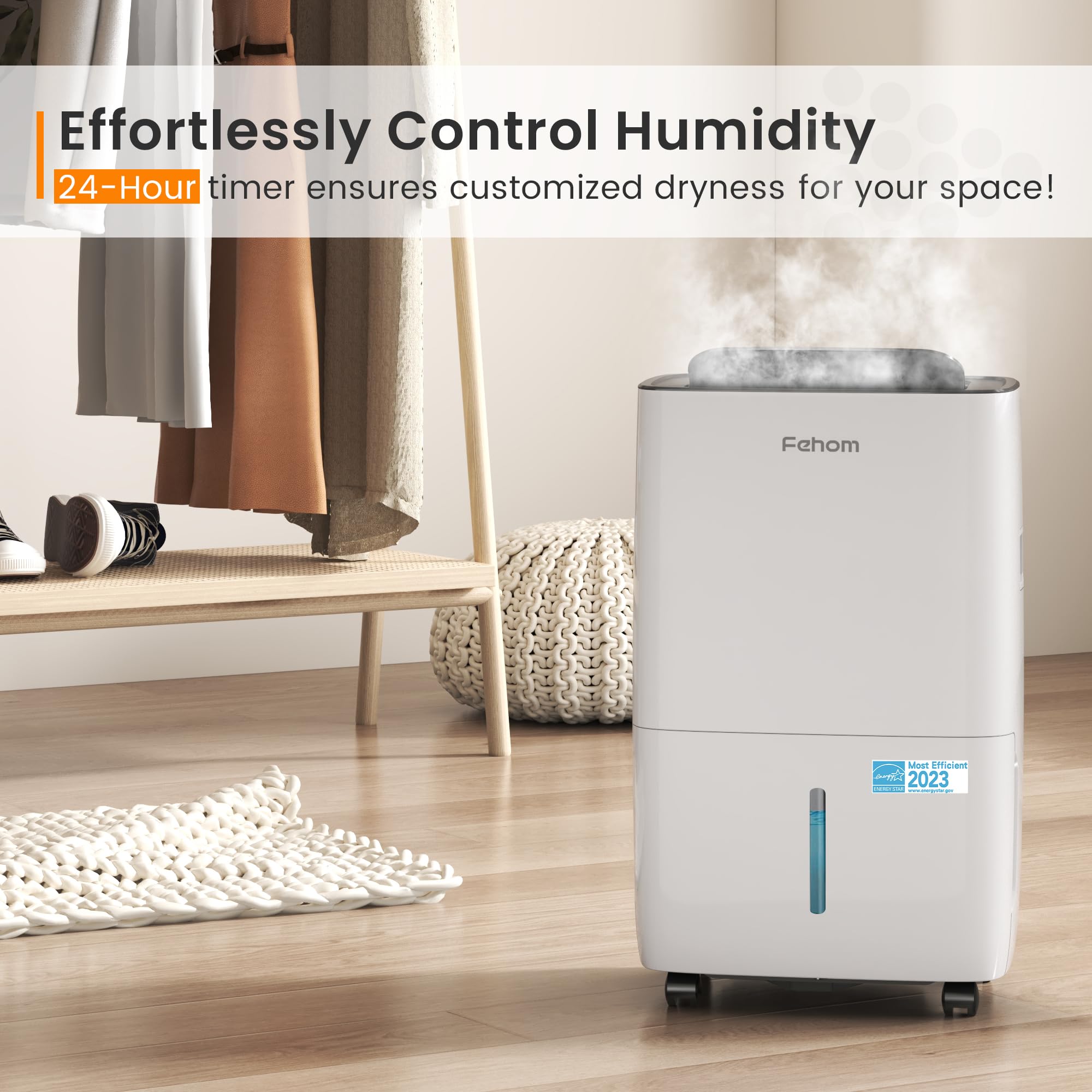 Fehom Dehumidifier 80 Pints Energy Star for 5,000 Sq. Ft. White, Model JD025L-80, Includes Drain Hose and 1.06 Gal Water Tank