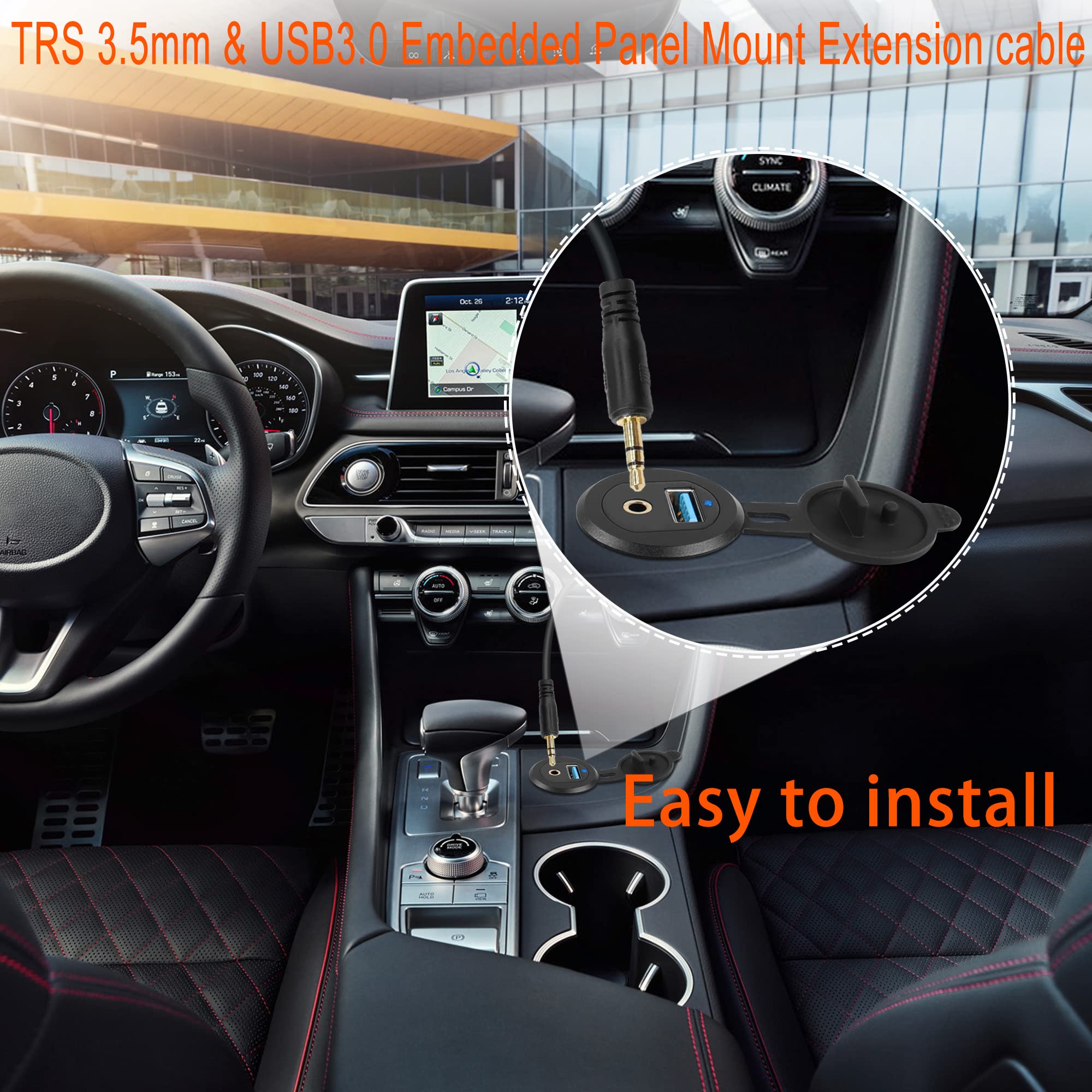 Qianrenon Usb3.0 & 3.5Mm Audio Threaded Fixed Embedded Car Waterproof Cable 5Gbps Trs 3.5Mm & Usb3.0 Dashboard Panel Mount Exten