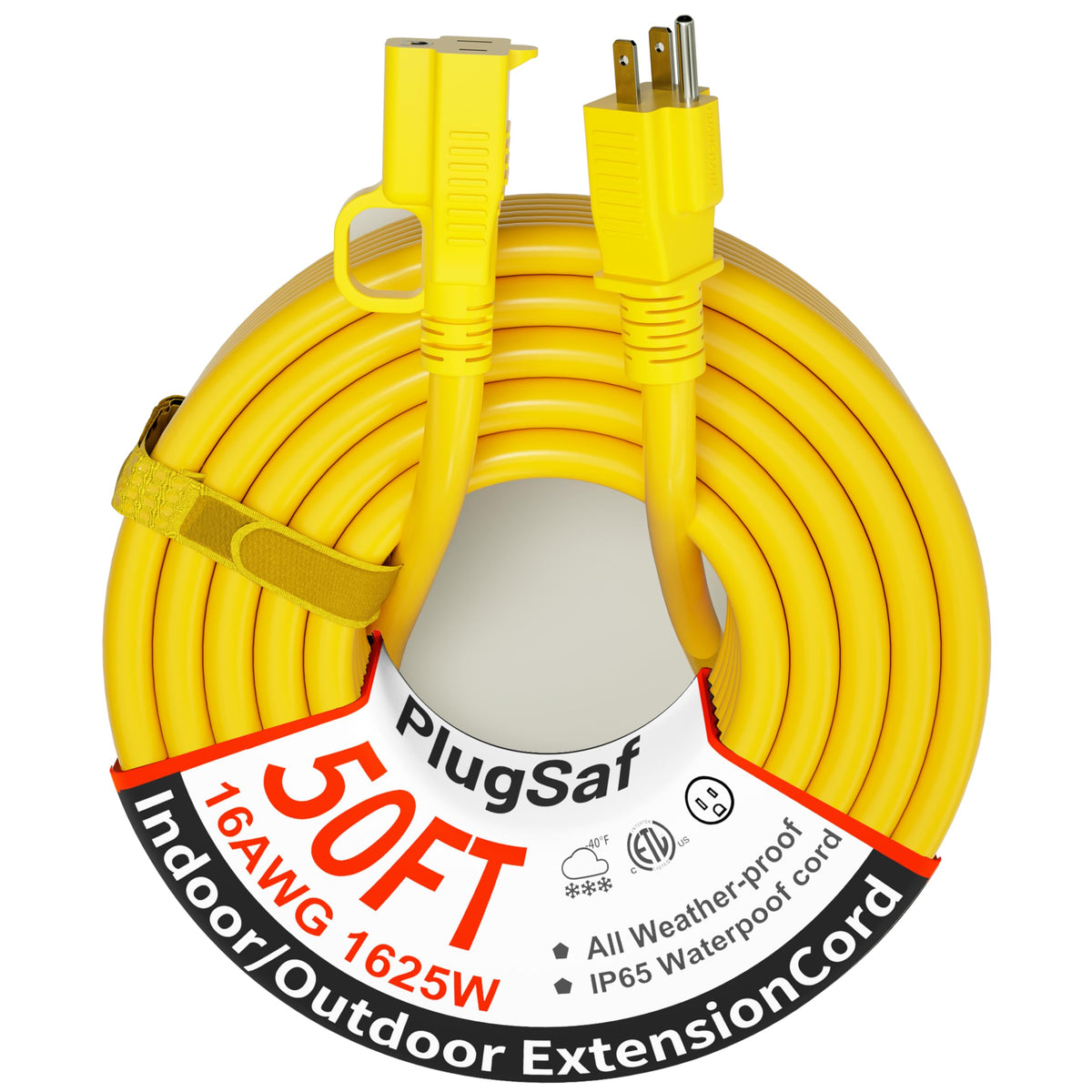 Plugsaf 16 Gauge Outdoor Extension Cord 50 Ft Waterproof, Cold Weatherproof  50?C, Flame Retardant, Flexible 3 Prong Yellow Heav