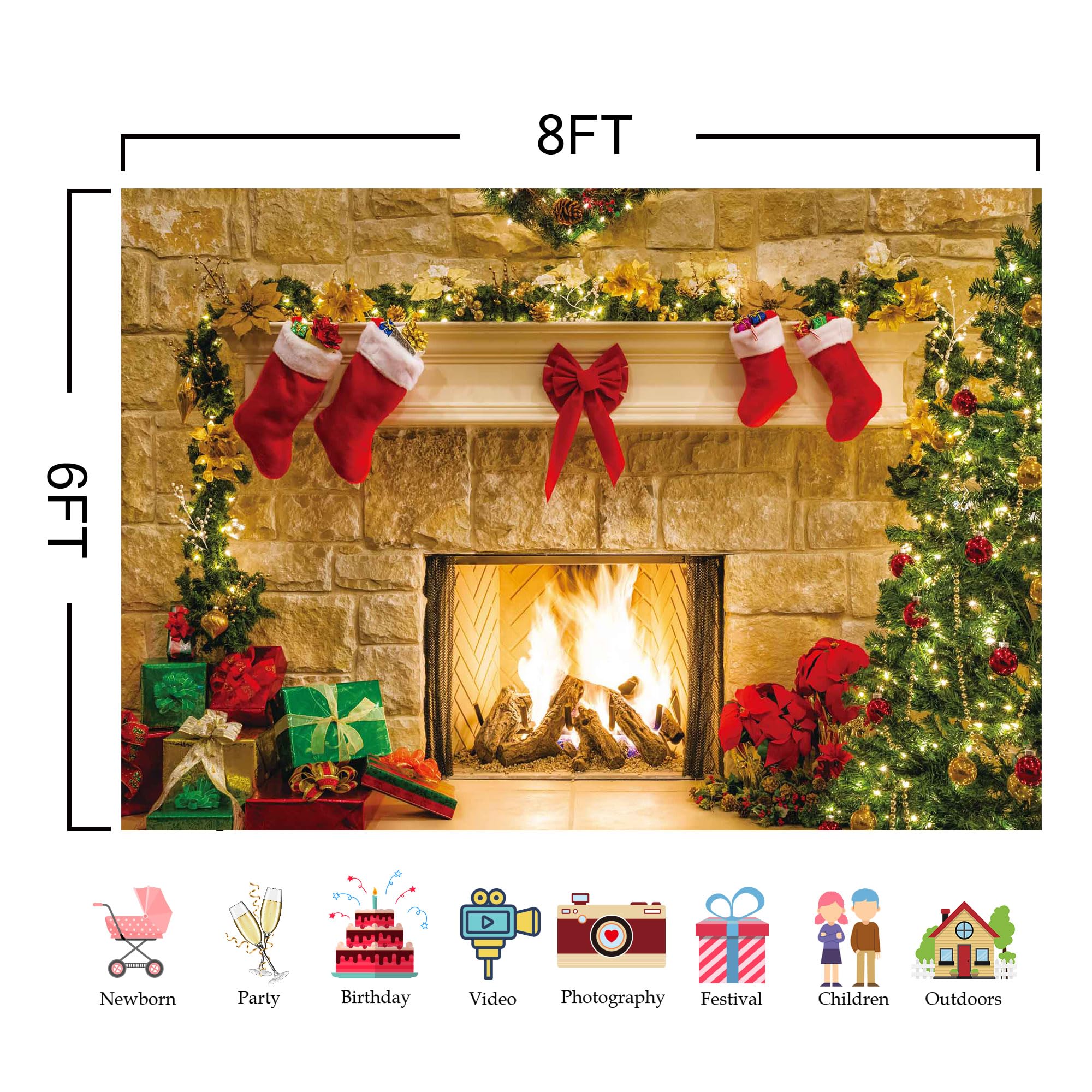 Haboke 8X6Ft Christmas Fireplace Theme Backdrop For Photography Tree Sock Decorations For Xmas Party Supplies Photo Background P
