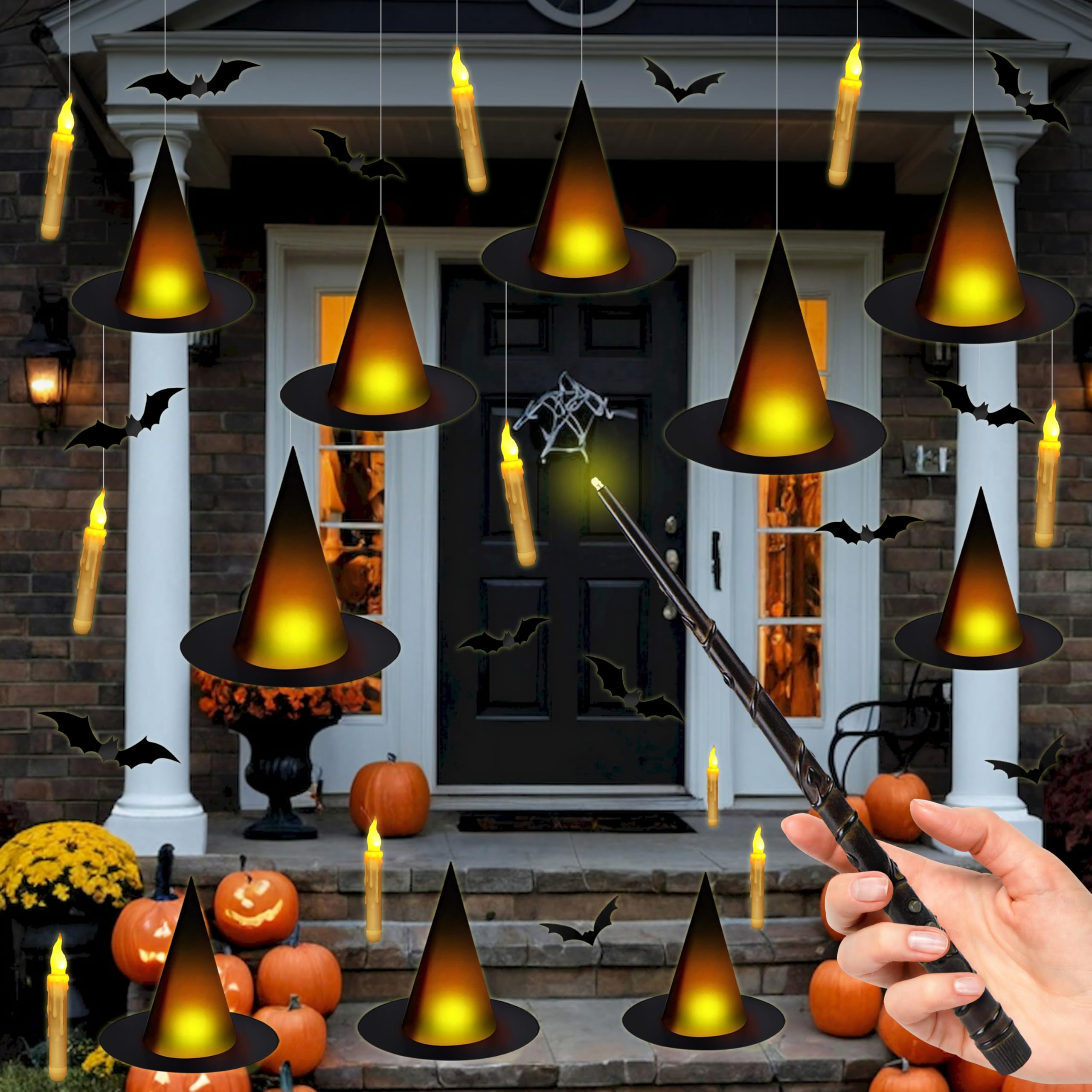 Fayoo Floating Candles With Wand, 12Pcs Magic Hanging Candles, Floating Light Up Witch Hats With Flameless Candle With Wand Remo