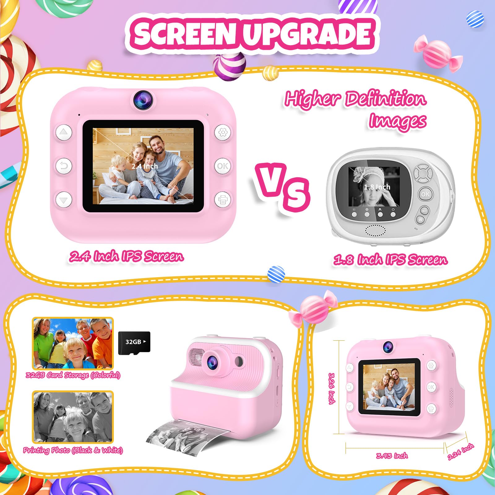 Kids Camera Instant Print,1080P Hd Instant Photo Camera Christmas Birthday Gifts For Girls Age 3 12,Toddler Camera Toys For 3 4