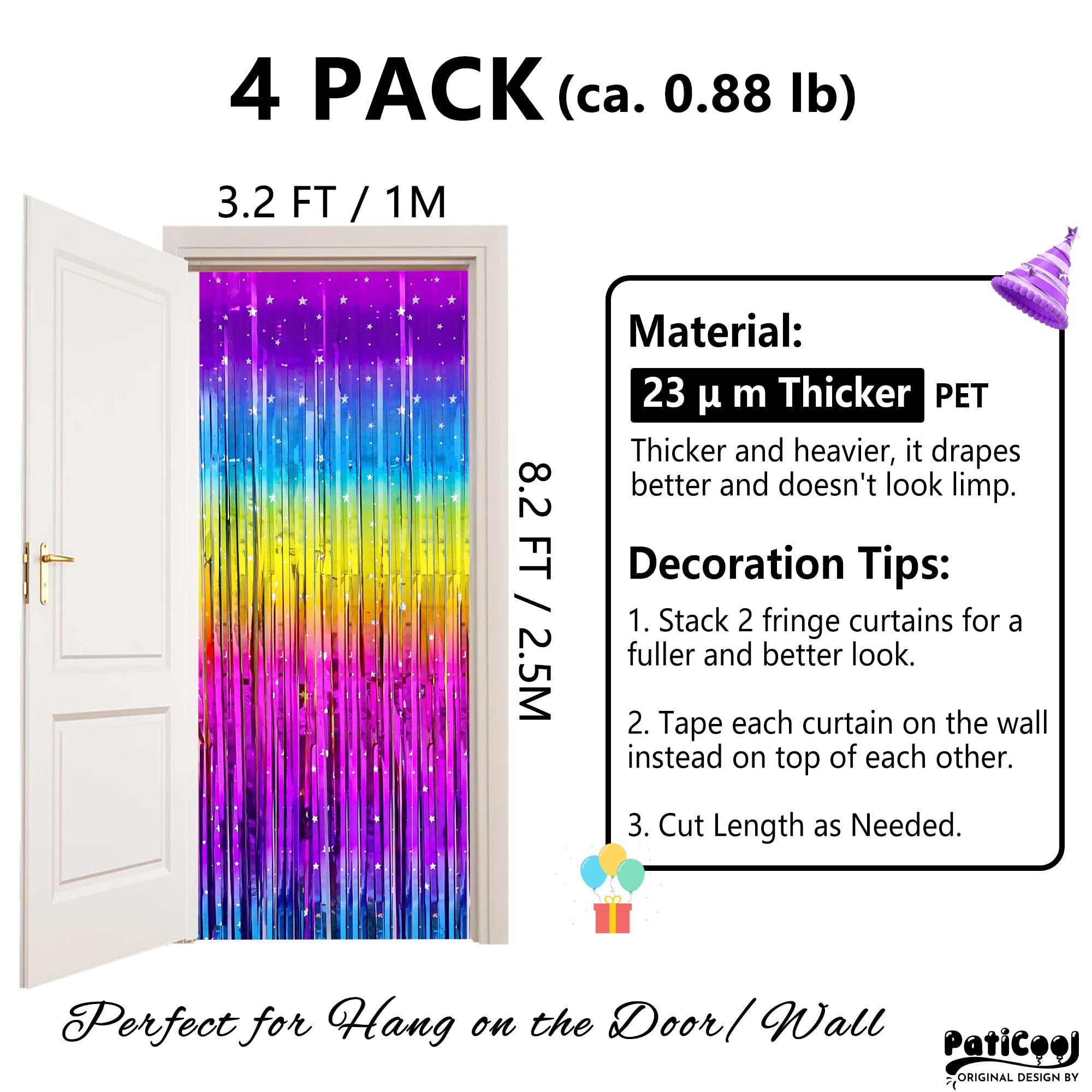 Paticool Sparkly Rainbow Gradient Tinsel Foil Fringe Curtain Backdrop   Thicken 4 Pack 3.2 X 8.2 Ft   Glitter Rainbow Door Strea