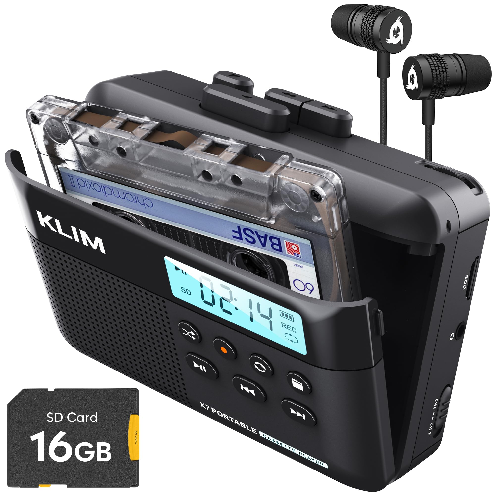 KLIM K7 Cassette Tape Player with F1 Earphones - Cassette to MP3 Converter - Portable - Built-in Microphone & Speaker - Recharge