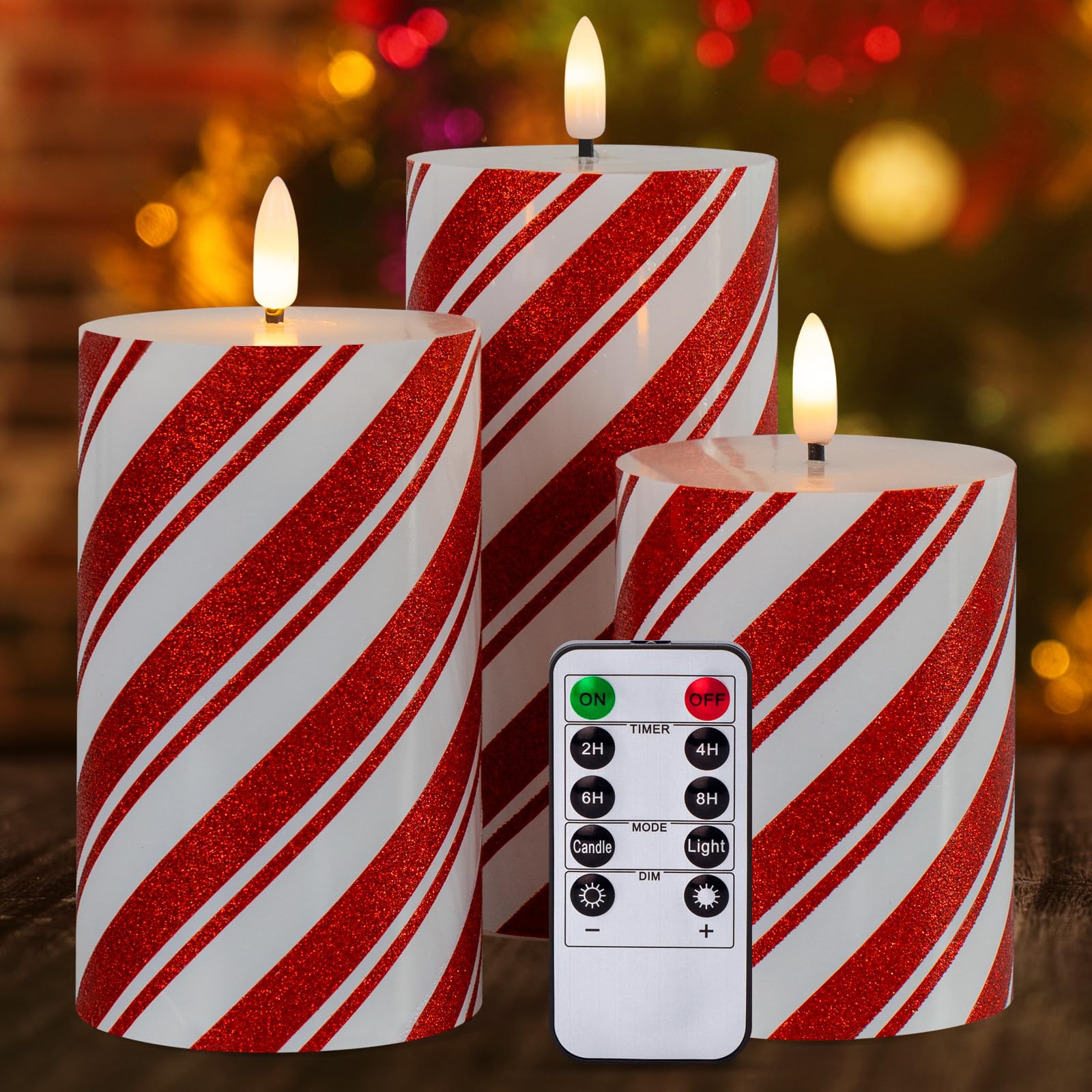 Yongmao Red Stripe Flameless Pillar Candles with Timer, Real Wax Flickering Battery Operated Candles for Christmas Holiday Home 