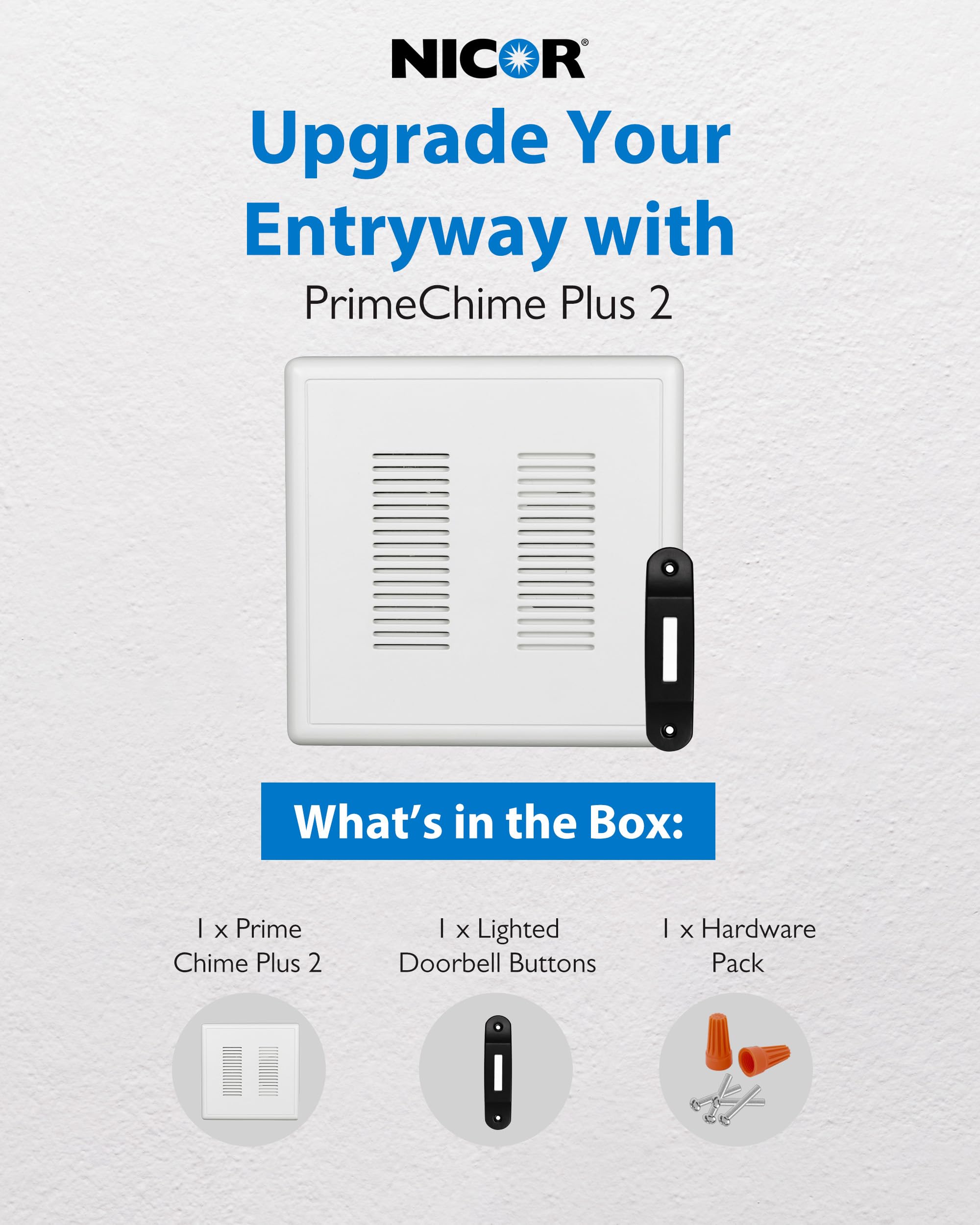 Primechime Plus 2 Electric Doorbell Kit   Doorbells For Home   Includes Selectable Ring Chimes   Deco Button, Black   Nicor Ligh