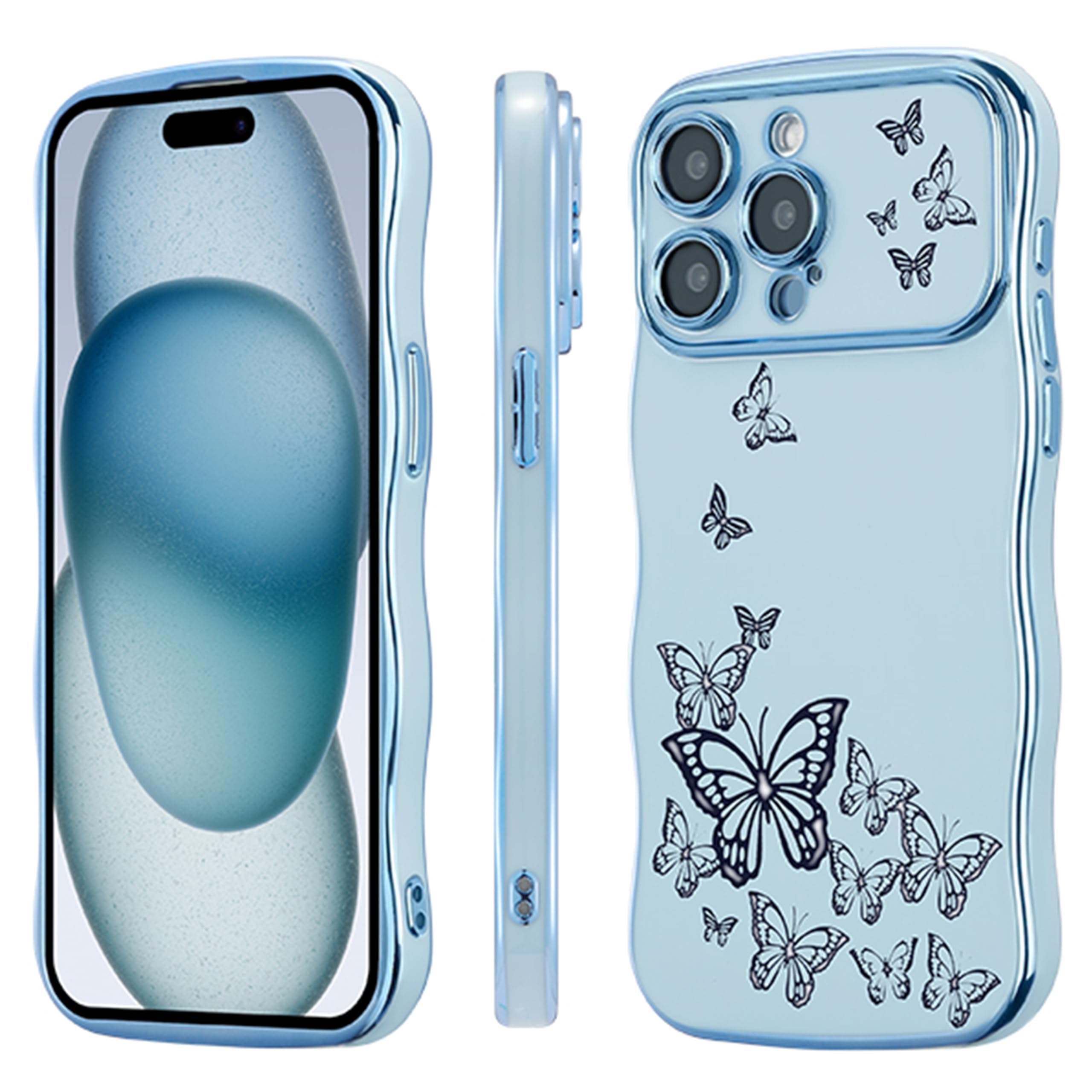 Ztofera For Iphone 14 Pro Max Case For Girl Women, Cute Curly Wave Frame With Luxury Plating Butterfly Pattern, Soft Tpu Shockpr