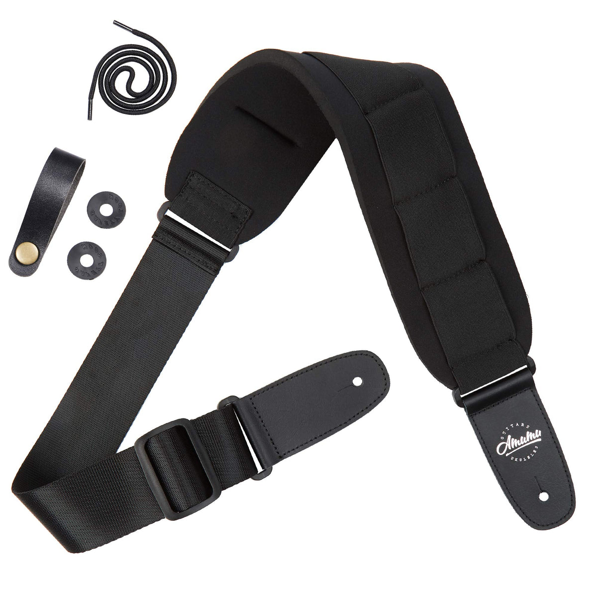 Amumu Guitar Strap Sbr Foam Padded Short Black For Acoustic, Electric, And Bass Guitars With Strap Blocks & Headstock Strap Tie 