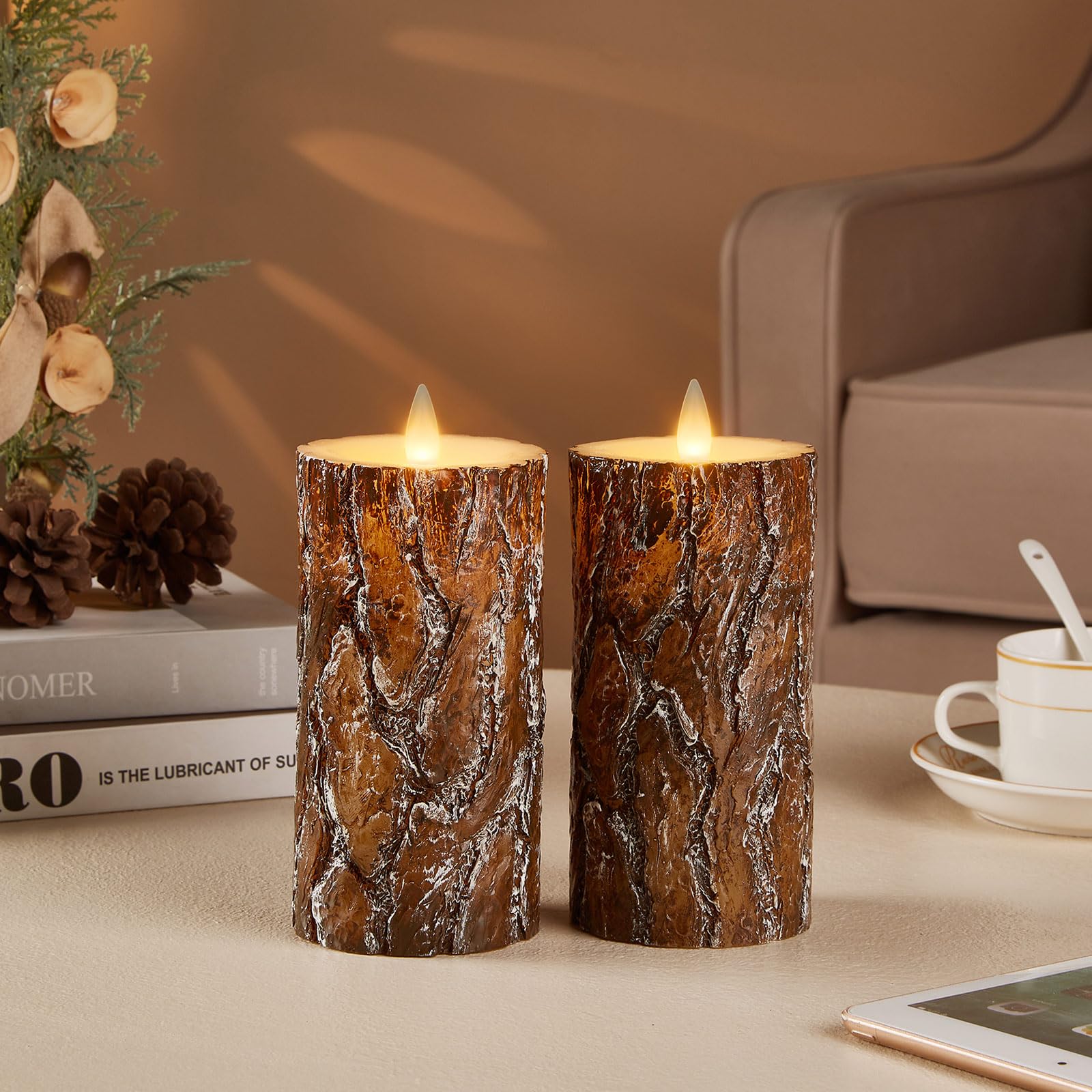 Cozierglow Pine Flameless Pillar Candles Flickering With Remote Timer, Battery Operated Led 3D Moving Flame Real Wax Candles, Se