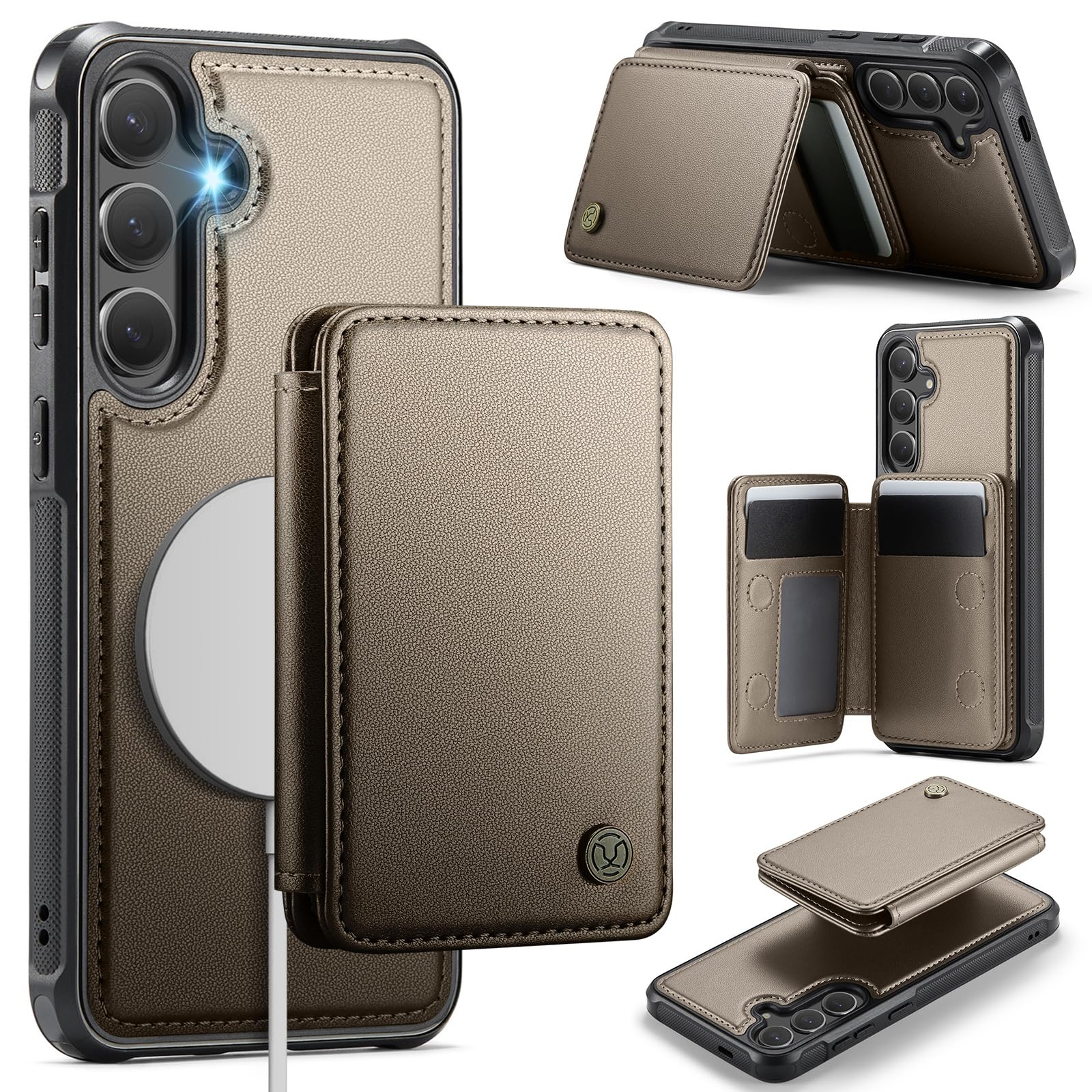 Usroom Compatible with Magsafe for Samsung Galaxy S25 Wallet Case Magnetic Card Holder, RFID Blocking 2 in 1 Detachable Kickstan