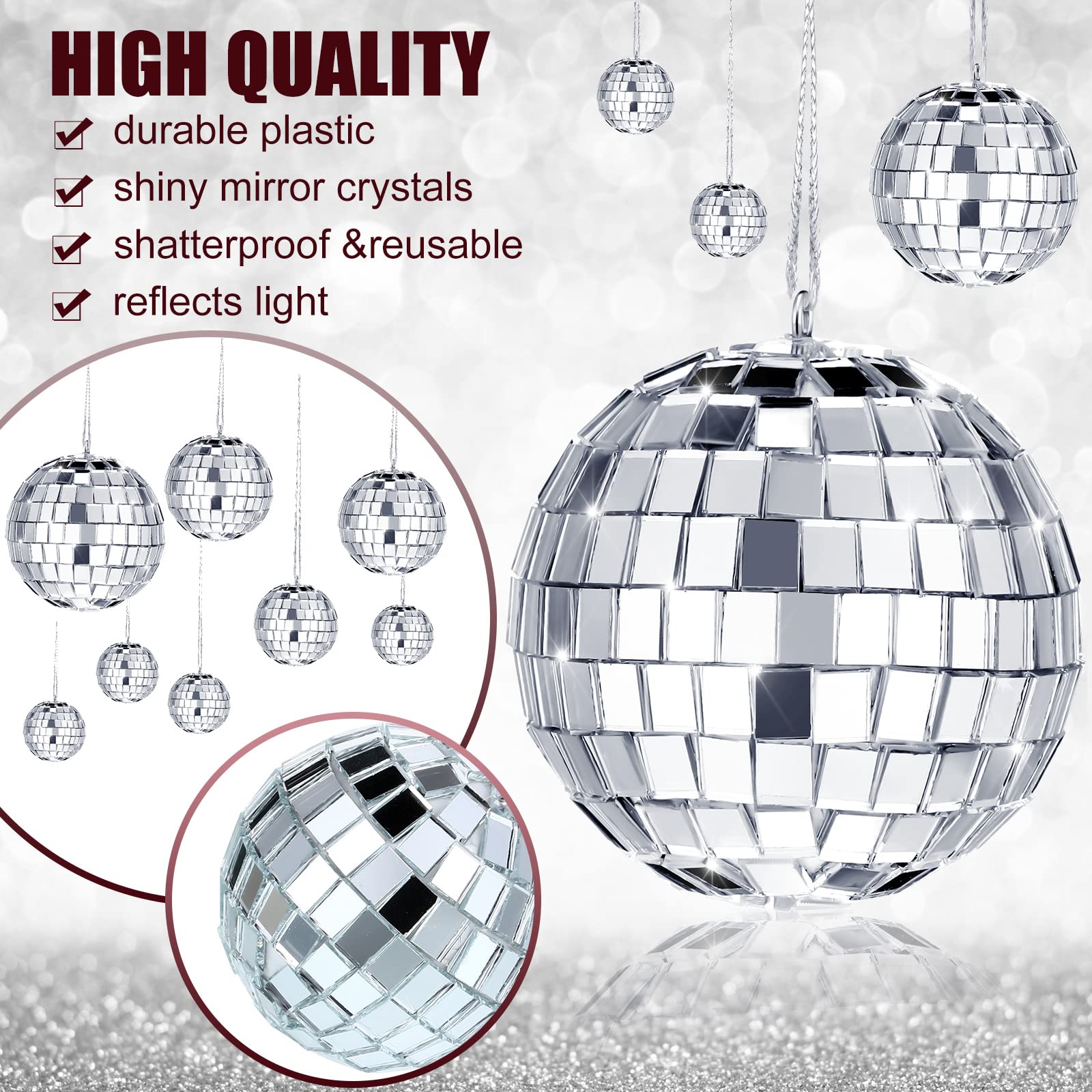 Mtlee Christmas Disco Balls Ornaments Hanging Mini Mirror Disco Balls With Rope Different Size Cake Topper Bulk Disco Themed Par