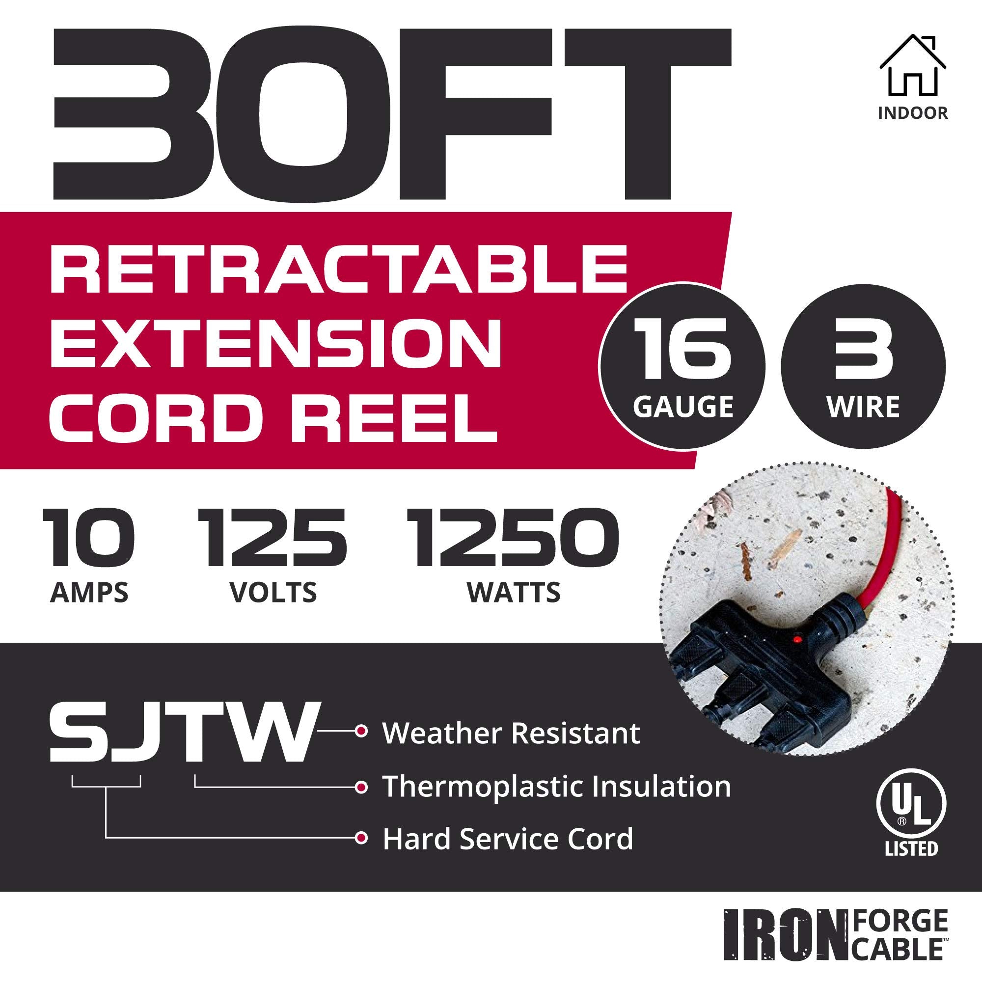 Iron Forge Cable 30Ft Retractable Extension Cord Reel With Breaker Switch & 3 Electrical Power Outlets   16/3 Sjtw Durable Red C
