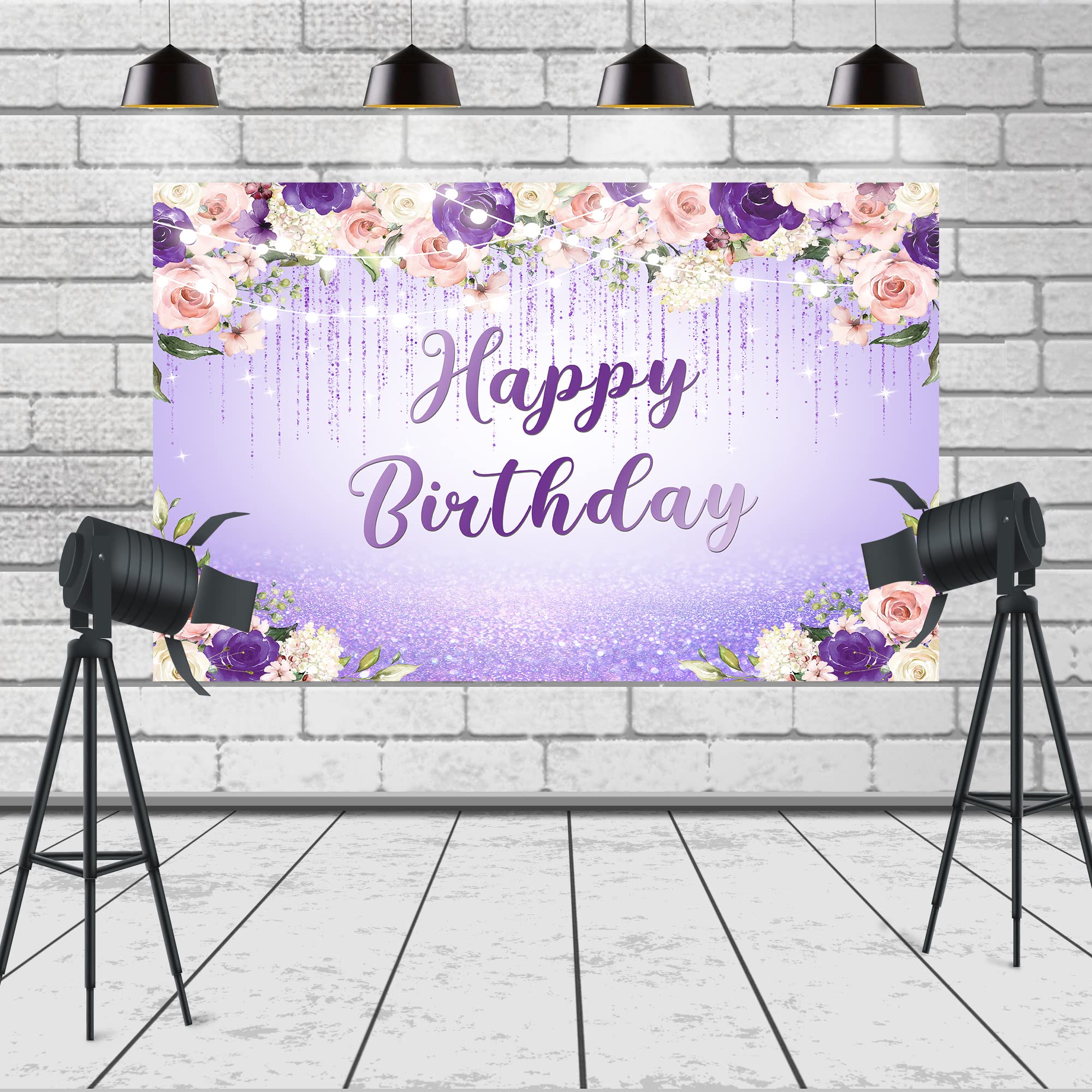 Ufeela Purple Happy Birthday Backdrop For Girls 7Wx5H Feet Fabric Polyester Woman Birthday Decorations Watercolor Floral Flower