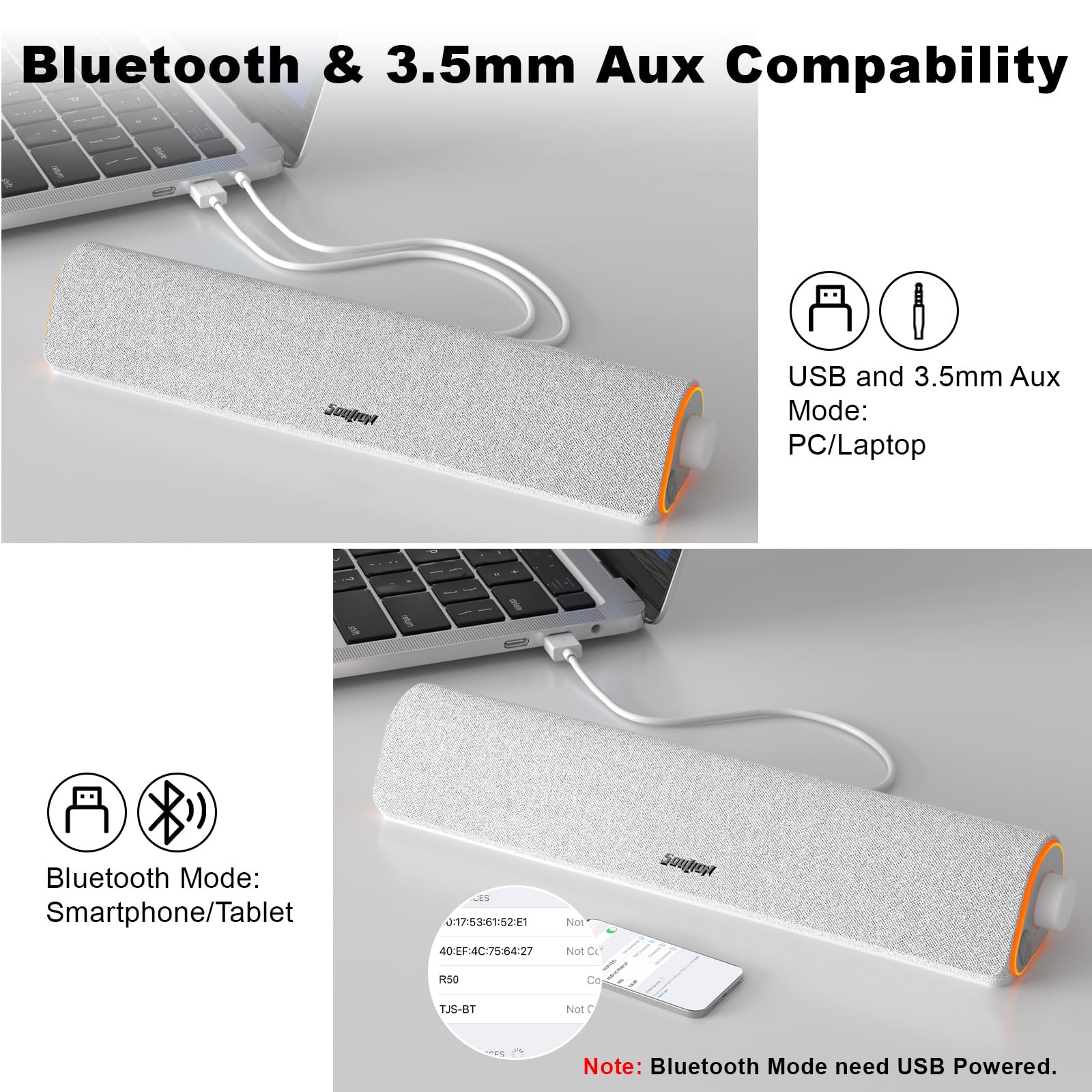 Soulion R50 Bluetooth Computer Speakers For Desktop Pc Monitor White,Wired Usb Powered 3.5Mm Aux Pc Speakers Sound Bar,4 Modes L