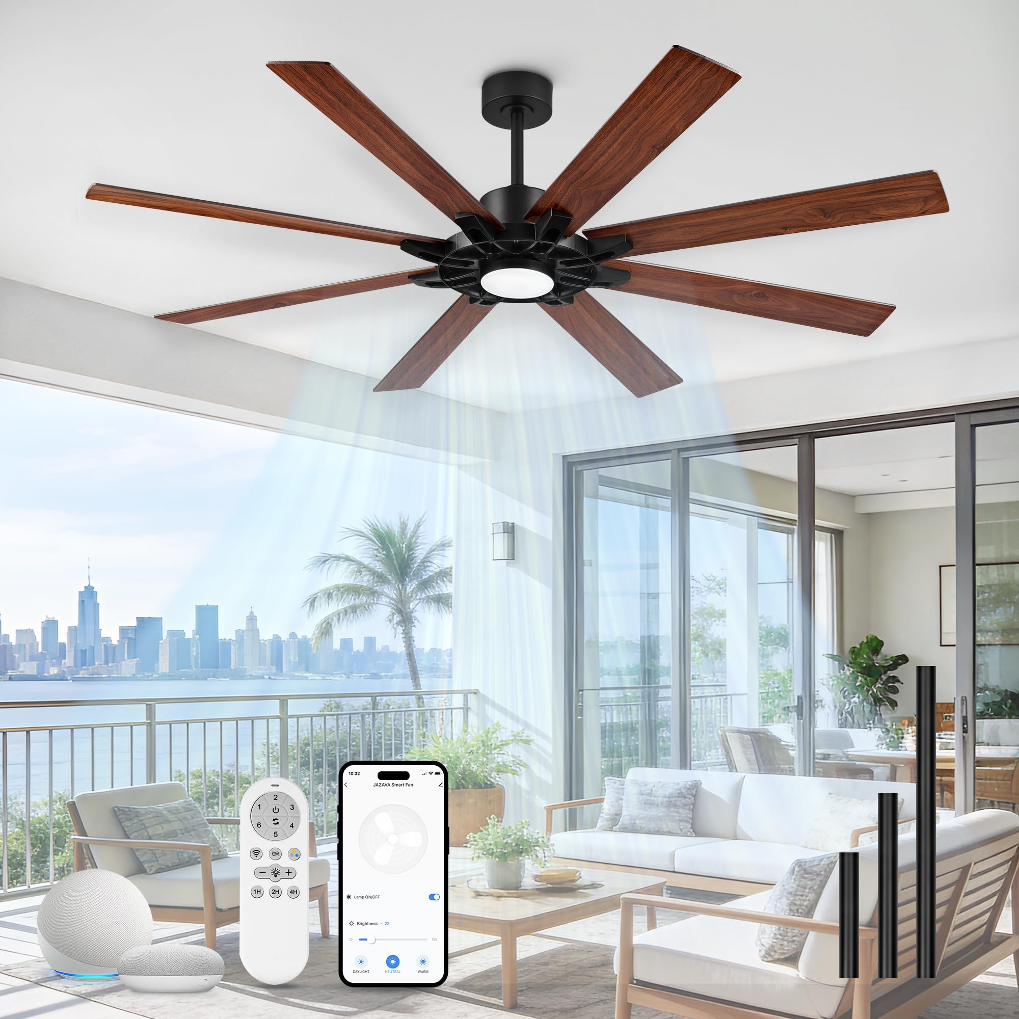 JAZAVA 72 Inch Ceiling Fan with Light,Smart Ceiling Fan with Alexa Control,Large Black Indoor Outdoor Ceiling Fan,Modern Quiet F