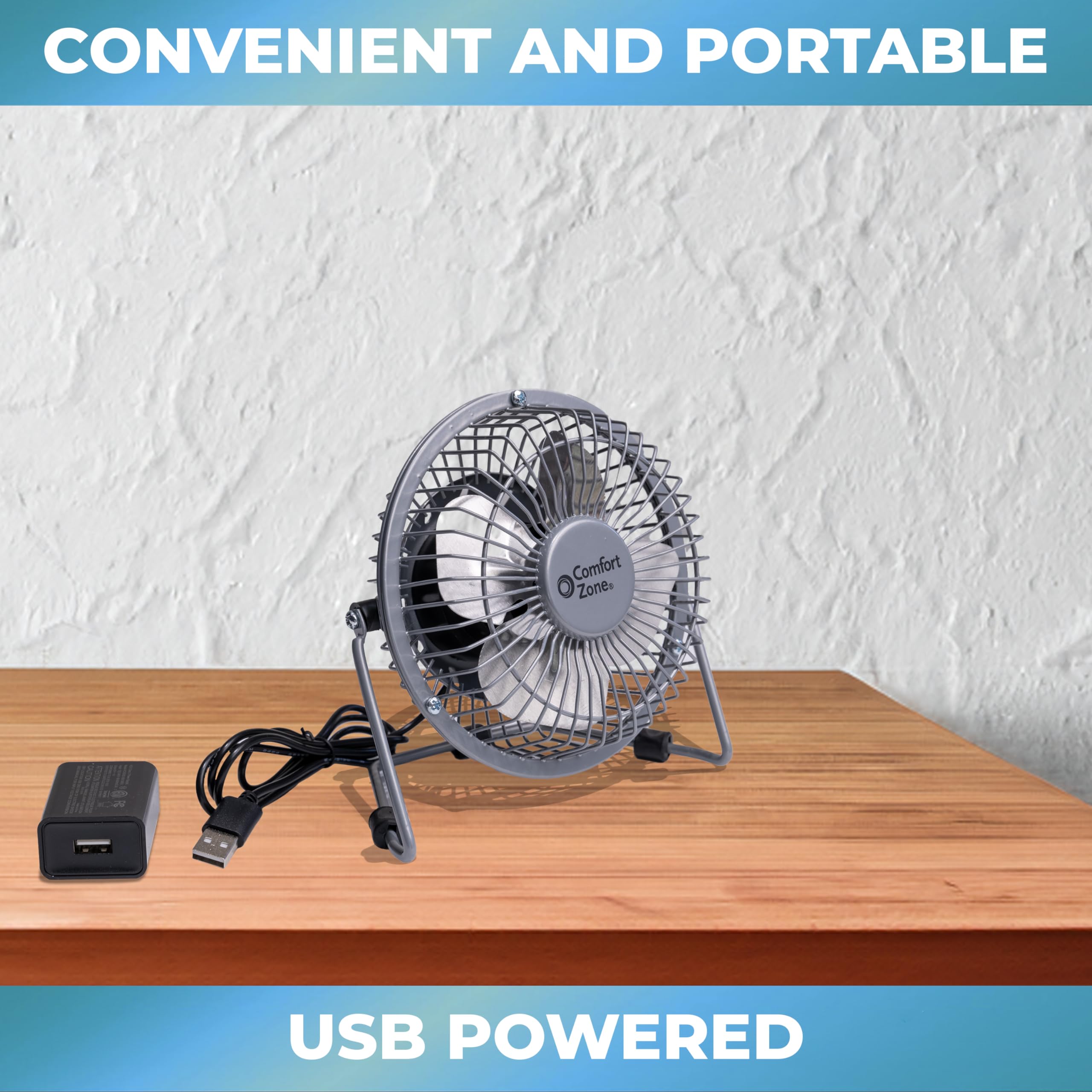 Comfort Zone Mini Portable Desk Fan With 360-Degree Adjustable Tilt, Dual Powered (Usb Or Power Cord), 4 Inch, All-Metal Constru