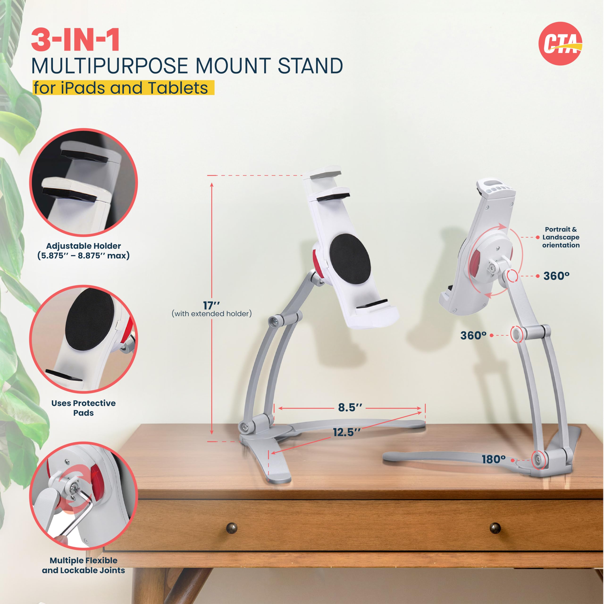 3 In 1 Mount Stand     Cta 3 In 1 Kitchen Mount Stand For Ipad 7Th/ 8Th/ 9Th Gen 10.2   , Ipad Air 4, Ipad Mini 5, 12.9    Ipad