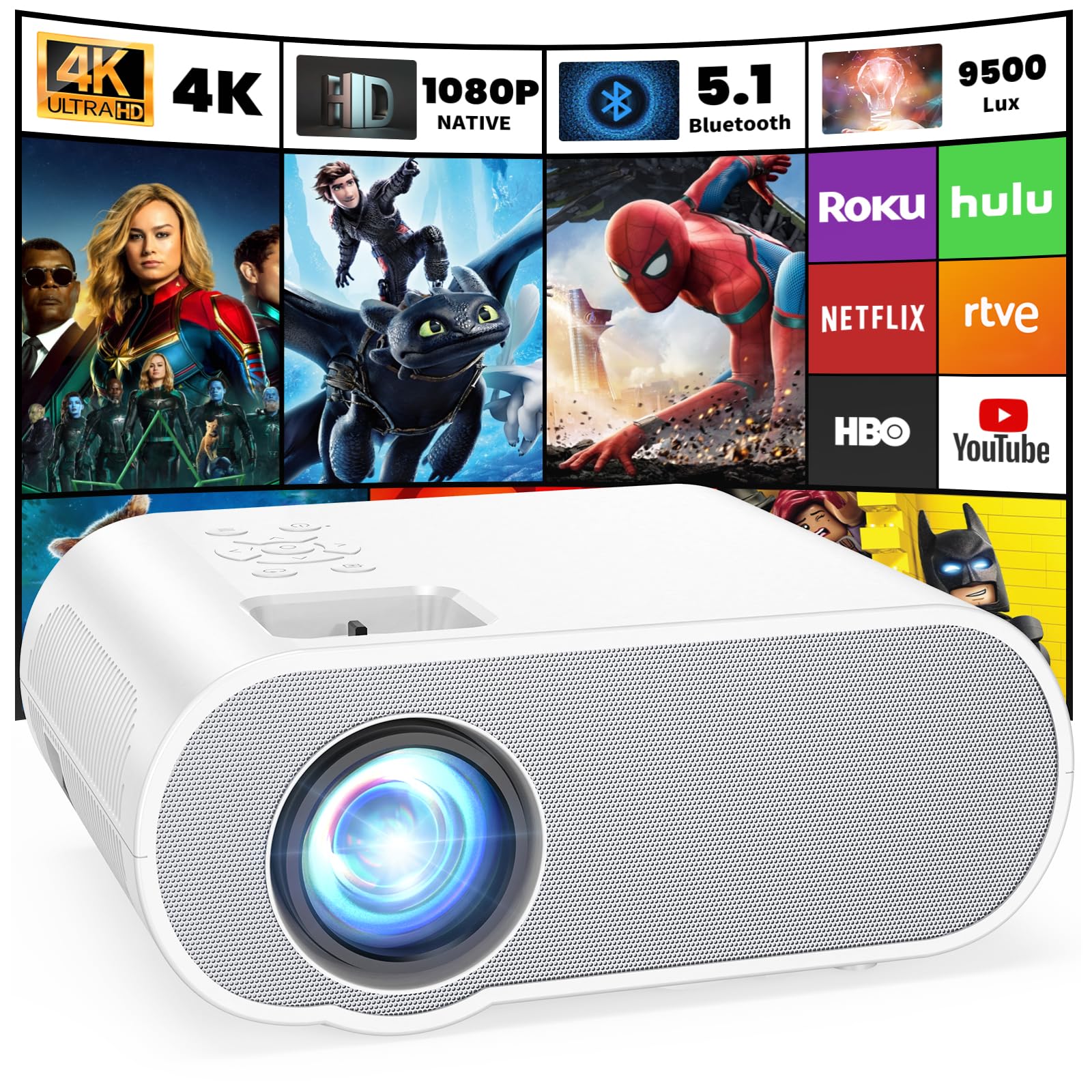 Hompow Projector, Native 1080P Full Hd Bluetooth Projector With Speaker, Outdoor Portable Movie Mini Projector Compatible With L