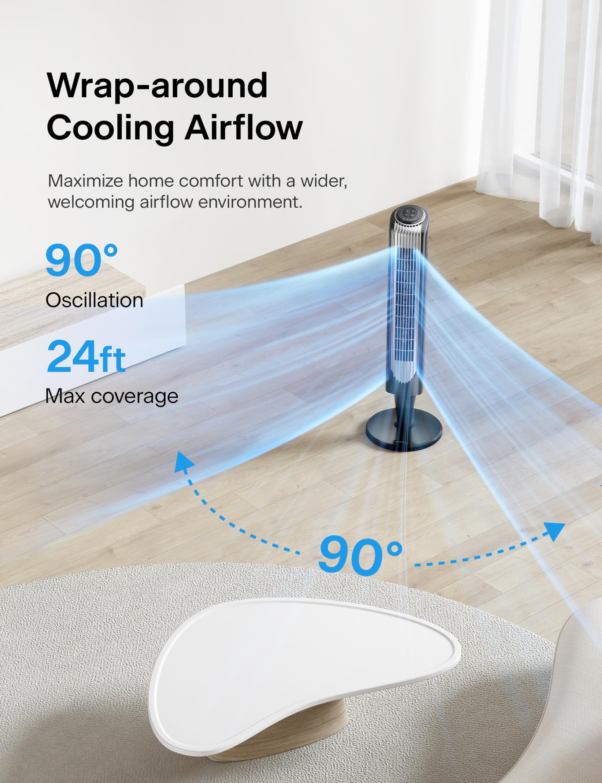 Pelonis 36 Inch Tower Fan For Bedroom   Oscillating Tower Fan With Remote Control   Indoor Quiet Fan With 3 Speeds, 4 Modes And
