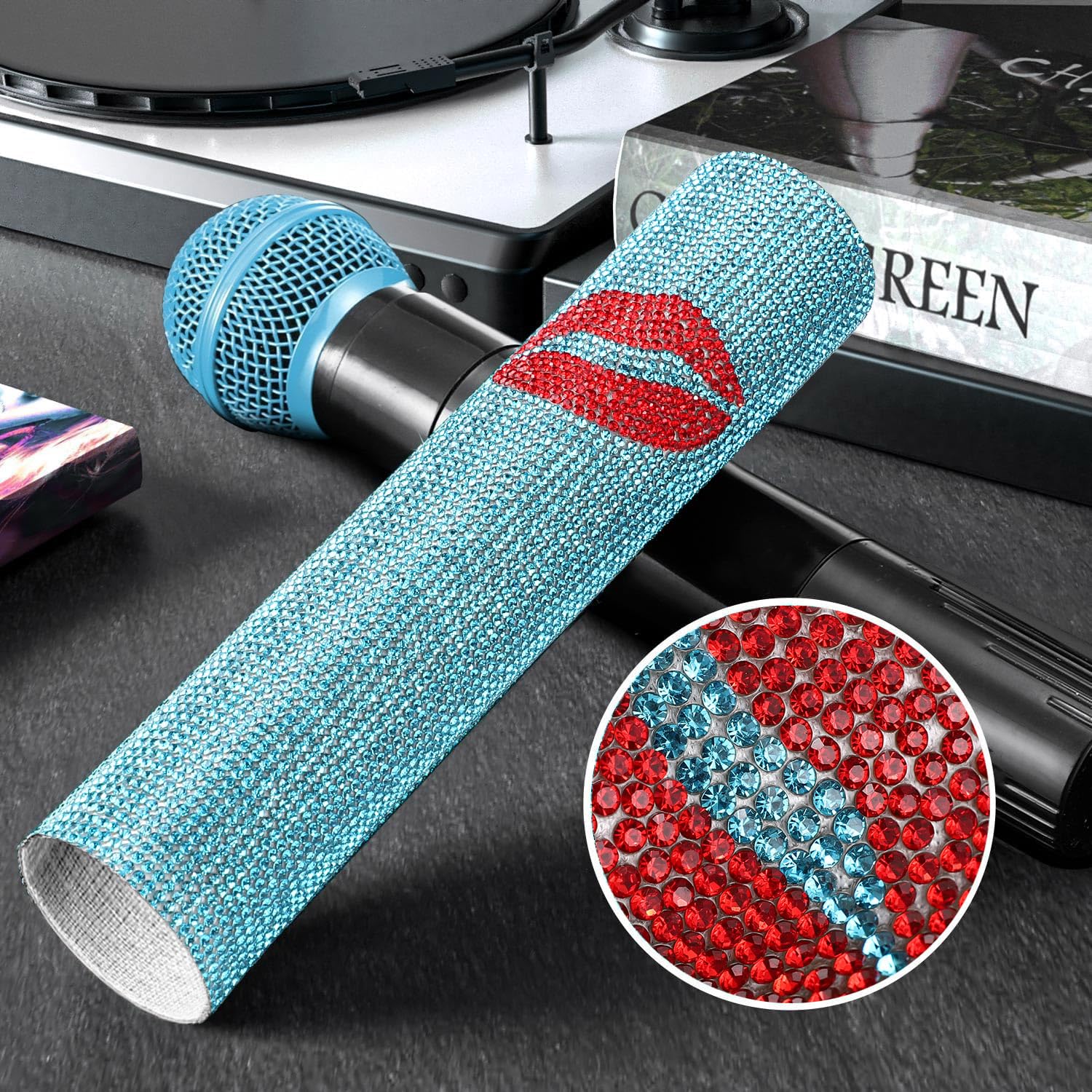 Facmogu Lake Blue Rhinestones Red Lips Microphone Decor Cover, Sparkly Crystal Mic Handle Cover For Universal Wireless Microphon