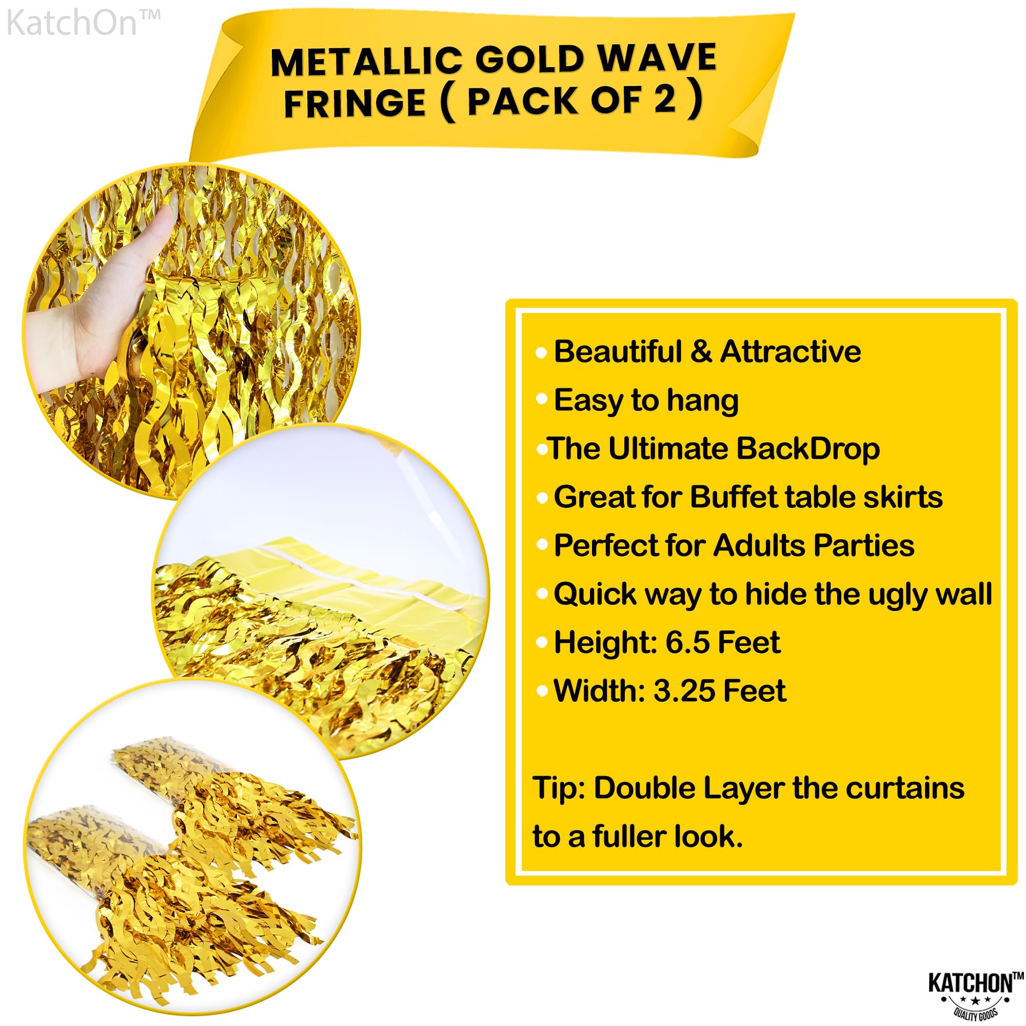 Katchon, Large Wave Gold Backdrop Curtain   3.2X6.5 Feet, Pack Of 2 | Gold Streamers For Happy New Year Backdrop | Gold Fringe B