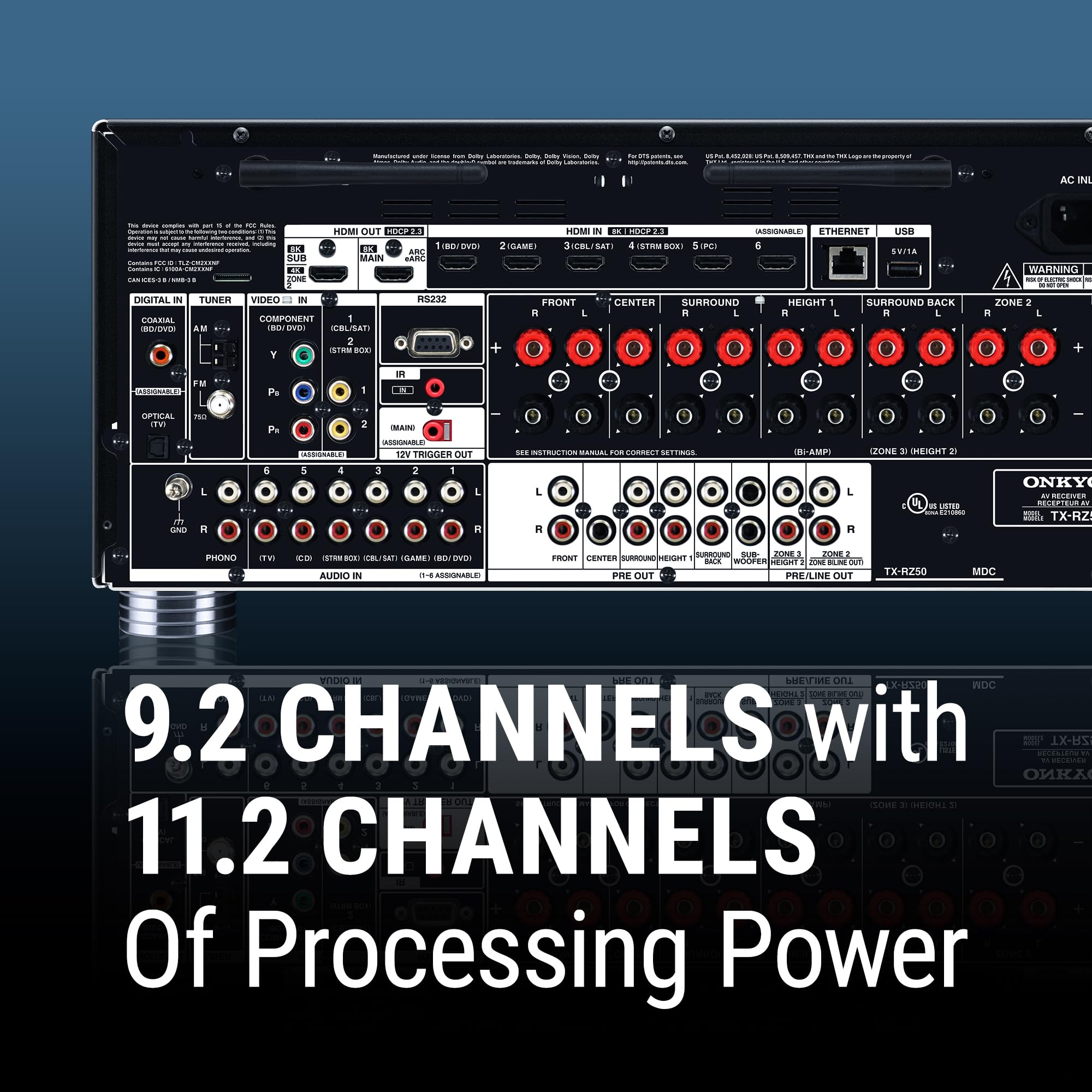 Onkyo Tx Rz50 9.2 Channel Av Receiver   120 Watts Per Channel, Dirac Live Out Of Box, Works With Sonos Certified, Thx Certified And More