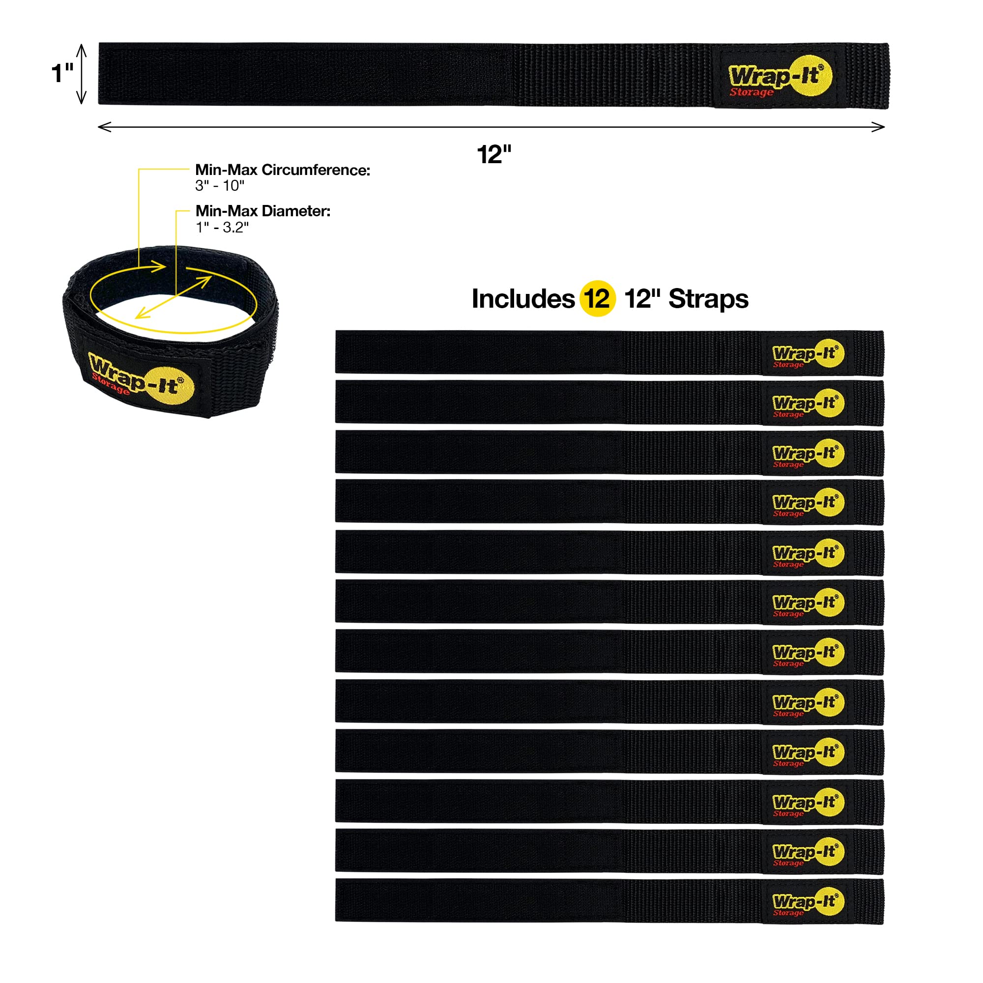Quick Straps By Wrap It Storage   12    (12 Pack) Black   Hook And Loop Cord Wraps For Cable Storage And Organization