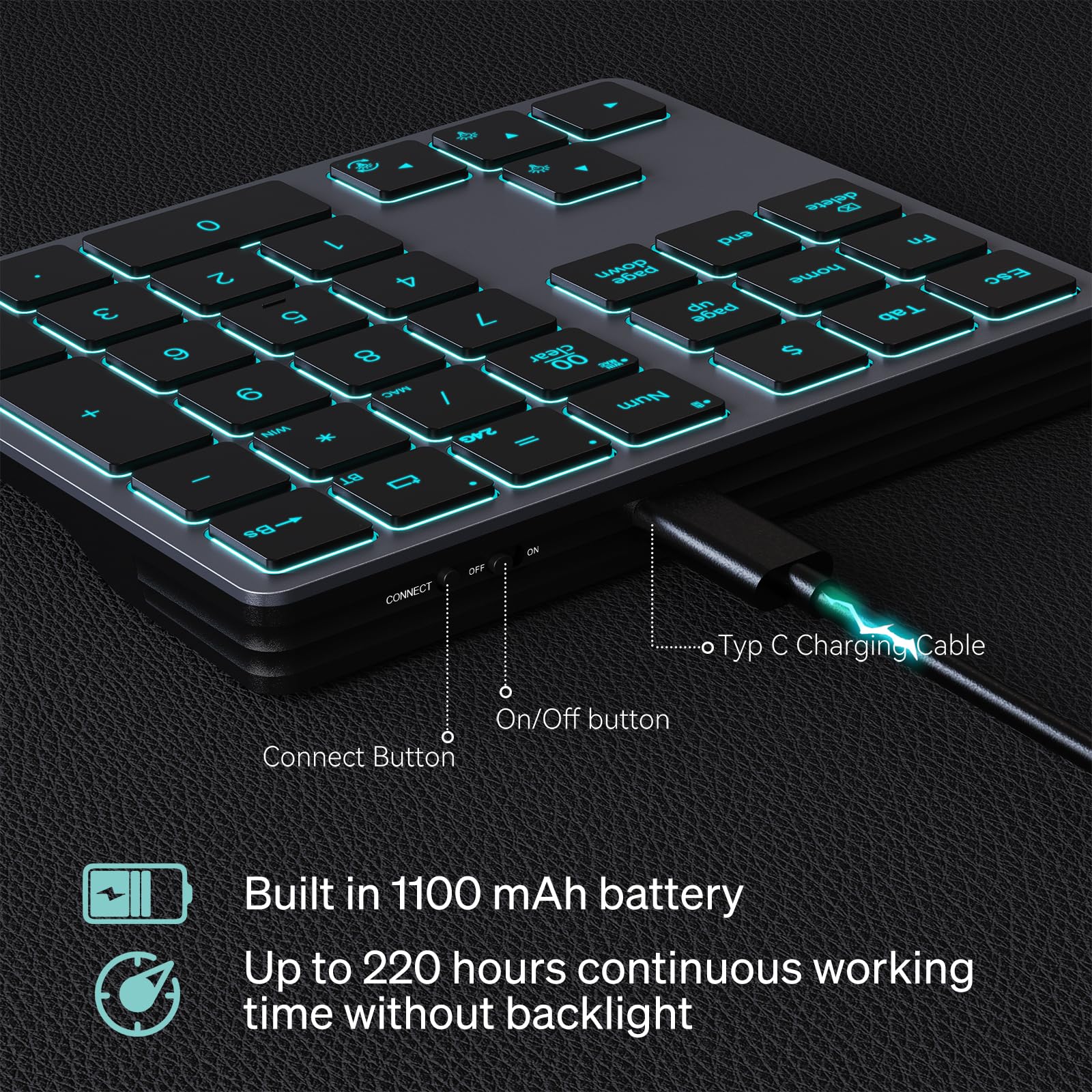 Doohoeek Bluetooth & 2.4G Usb Wireless Numeric Keypad For Laptops, Pc Computers Macbooks & Tablets, Dual Mode Number Pad 34 Keys
