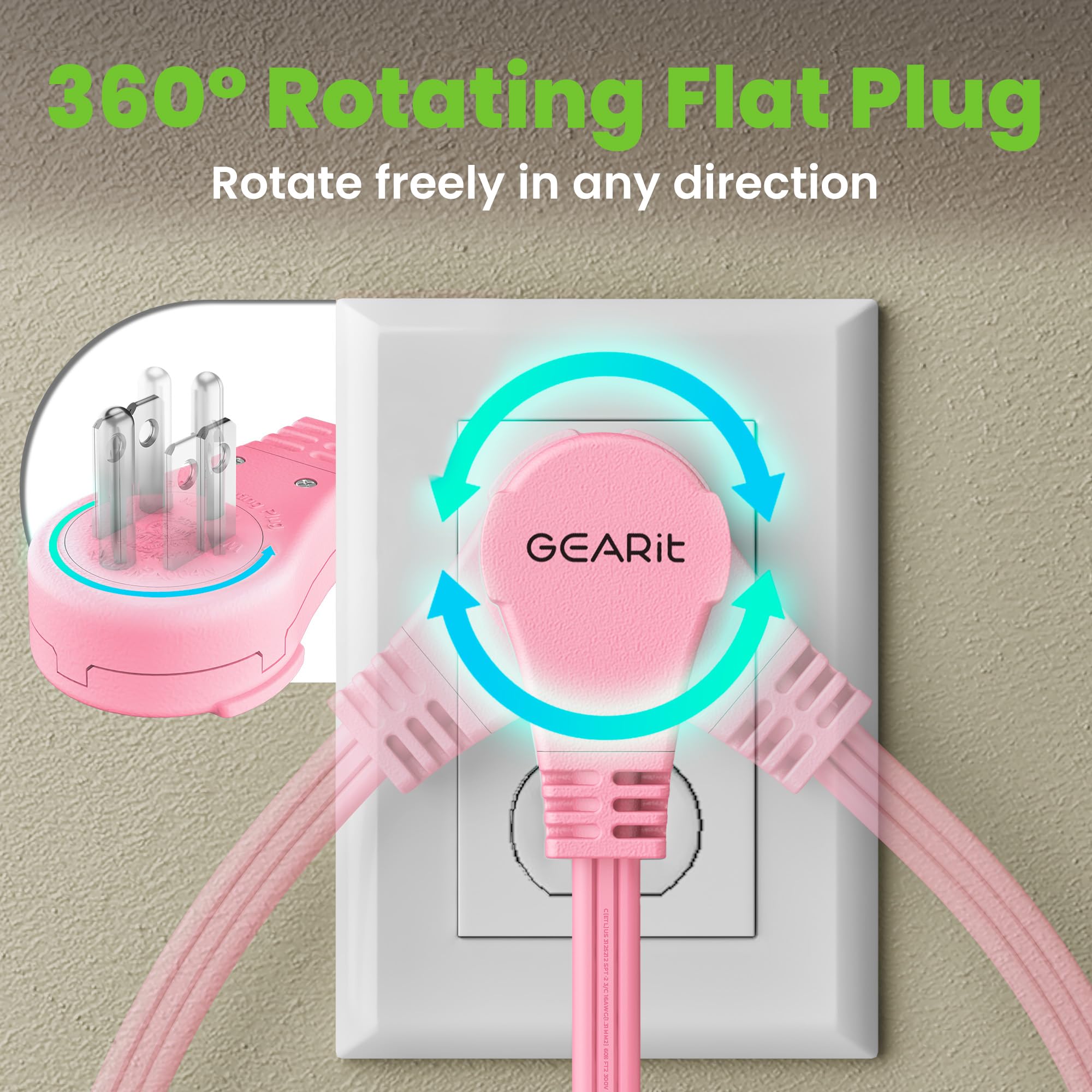 Gearit 360 Rotating Flat Plug Extension Cord With 3 Outlets (25Ft, Pink) 16Awg/13A 3 Prong Wire, Outlet Saver For Home Office Do