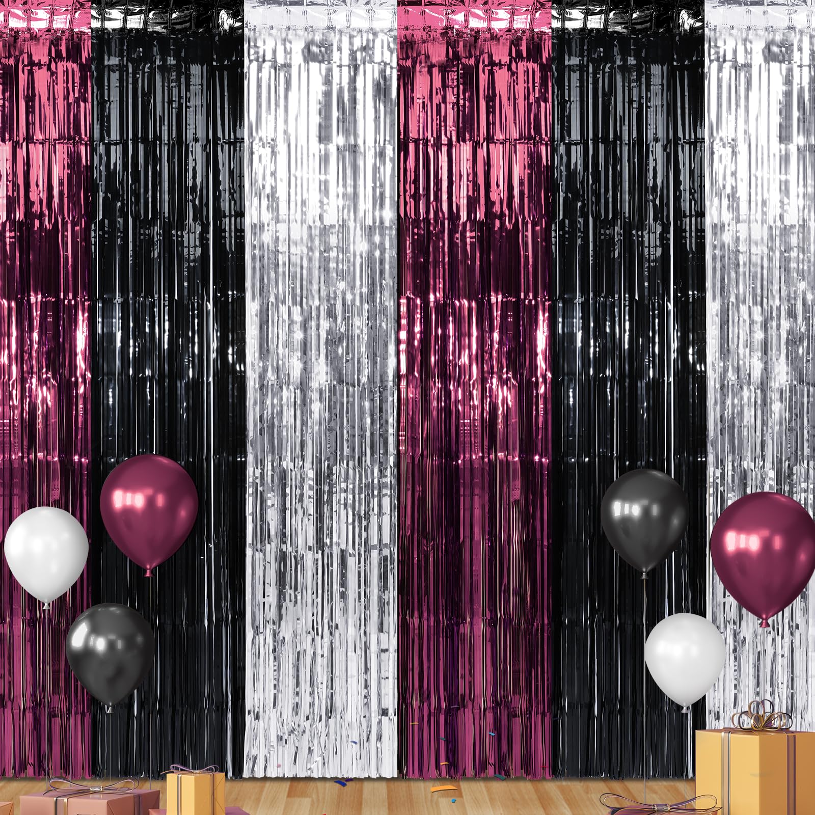 6 Pack 3.3Ft X 6.6Ft Graduation Foil Fringe Curtain Backdrop Decorations, Maroon Black Silver Metallic Tinsel Foil Streamers Cur