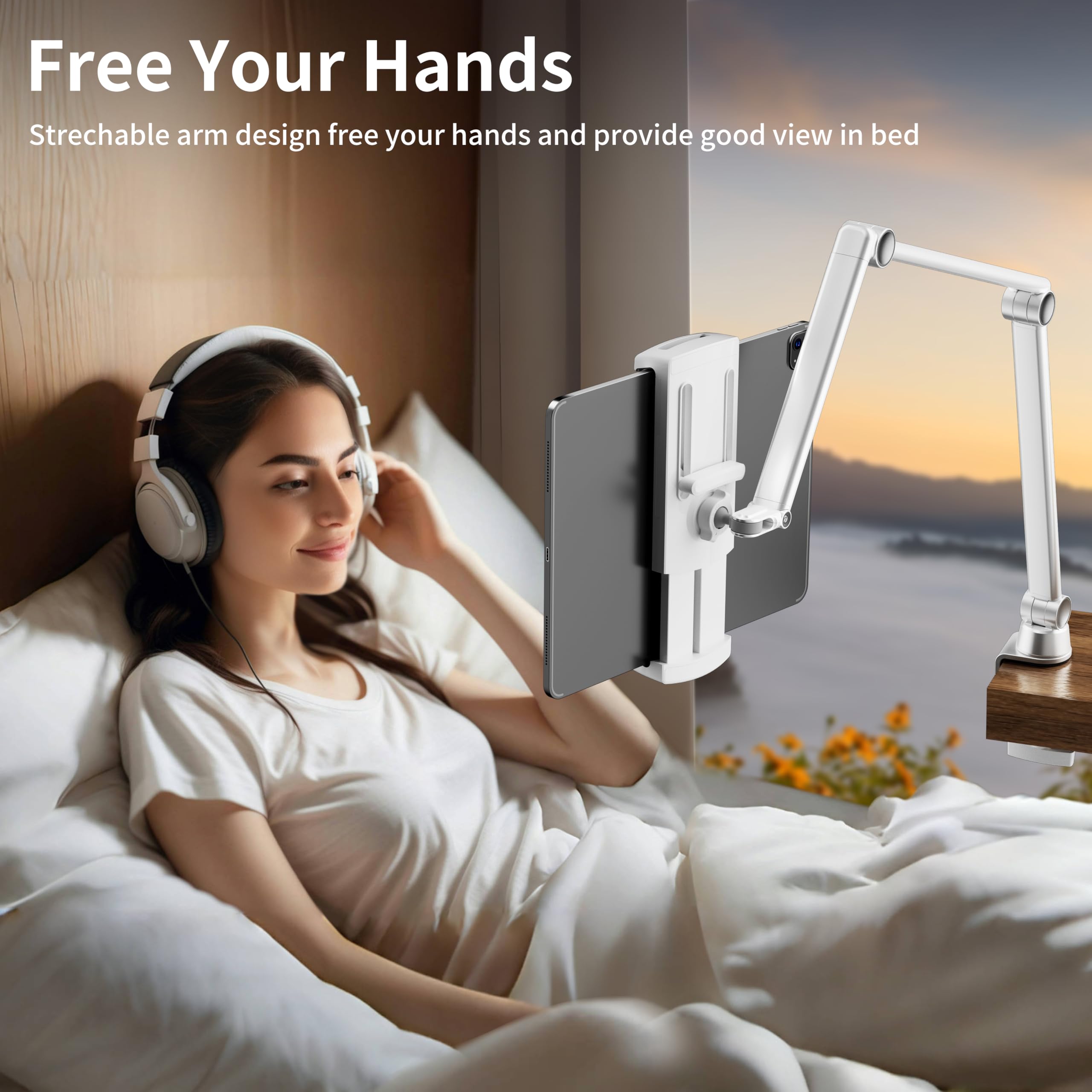 Lululook Tablet Stand, Aluminum Alloy Stretchable Arm Phone Holder Mount, Adjustable Kindle Stand Compatible With Ipad Pro 12.9/Air 13 Inch, Galaxy Tabs, Phones, Kindle, Tablet 4.7' 13'(2 Clips)