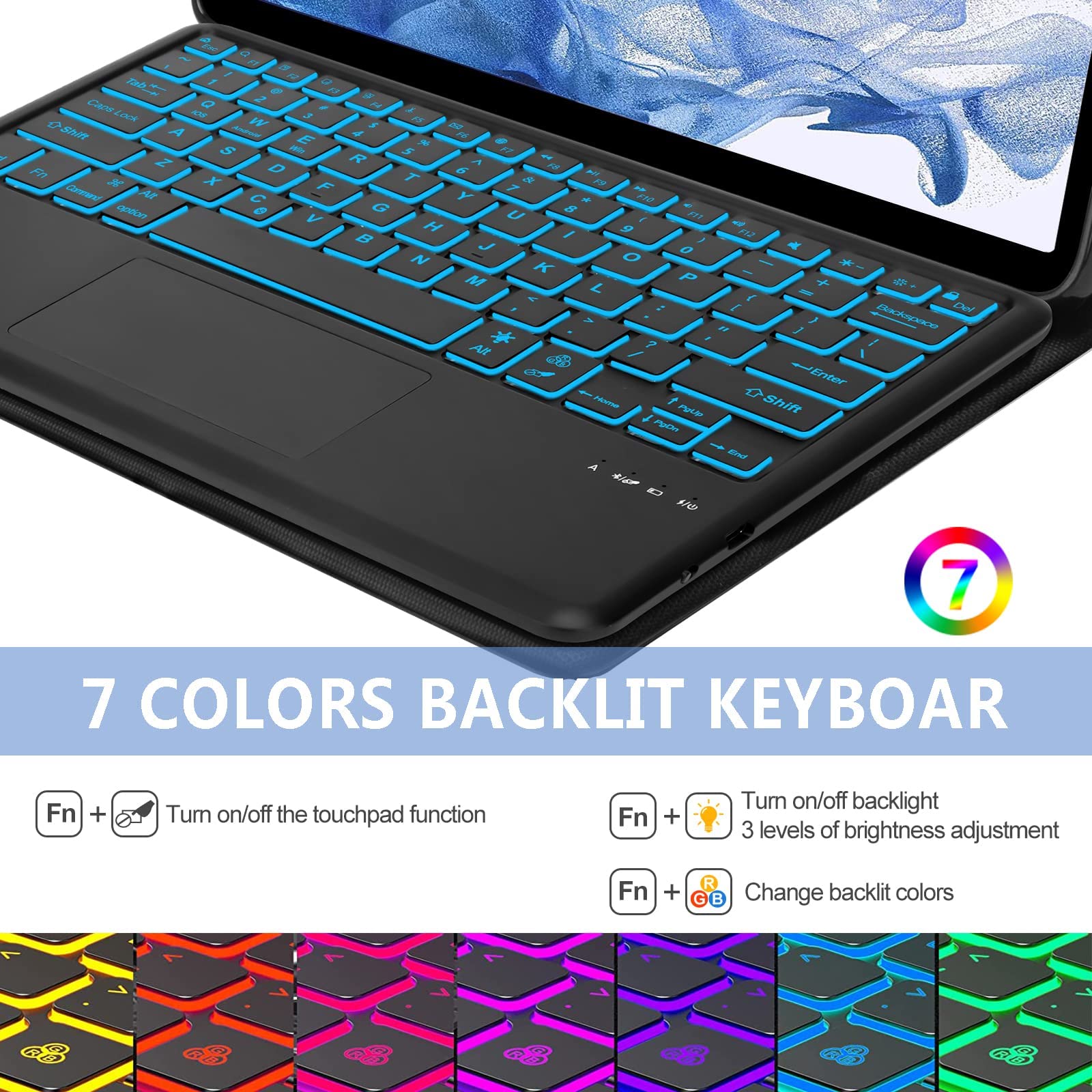 Yehobu Samsung Galaxy Tab S8 Plus/S7 Fe/S7 Plus Keyboard Case 12.4     Smart Trackpad  7 Color Backlight  Detachable Bluetooth K
