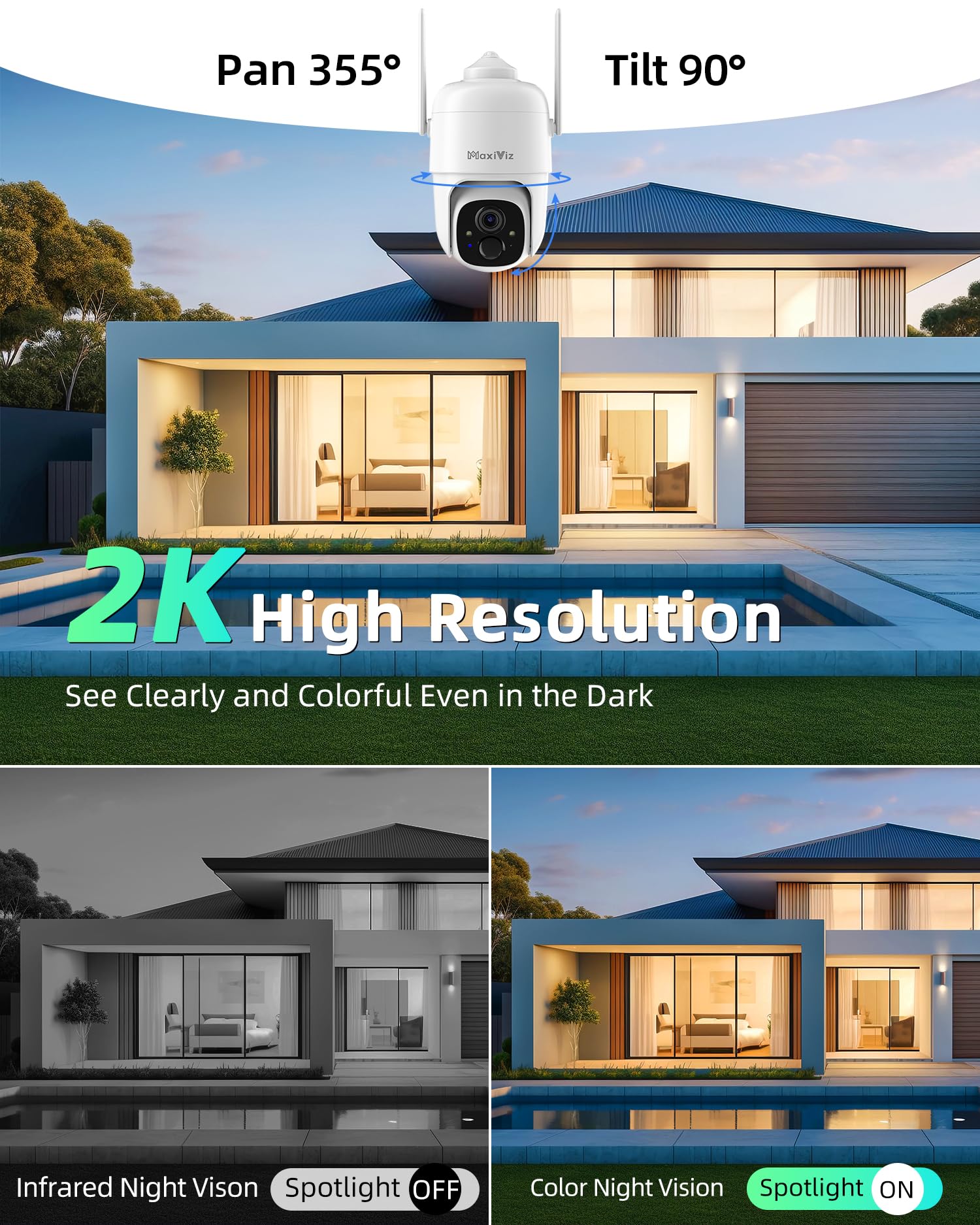 Maxiviz Solar Security Camera Wireless Outdoor, 360 View Cameras For Home Security Outside With Ai Motion Detection, 2K Color Ni