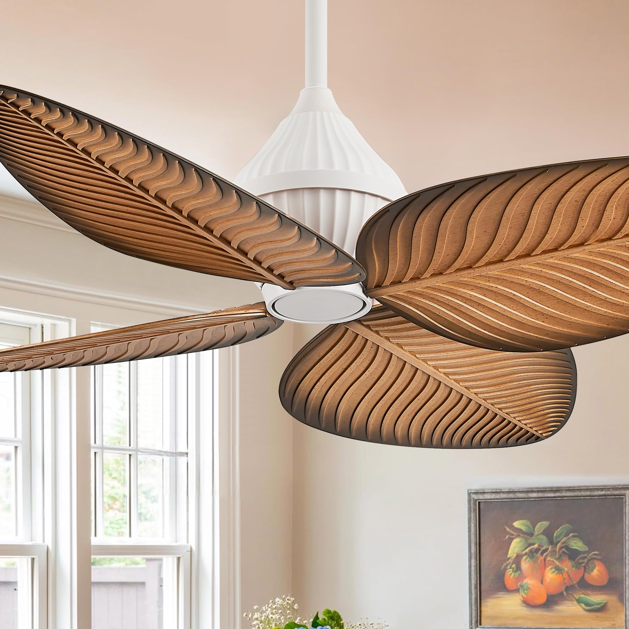 52White Tropical Ceiling Fans, Flush Mount Palm Leaf Ceiling Fan no Light, Indoor Ceiling Fans without Light for Living Room Bed