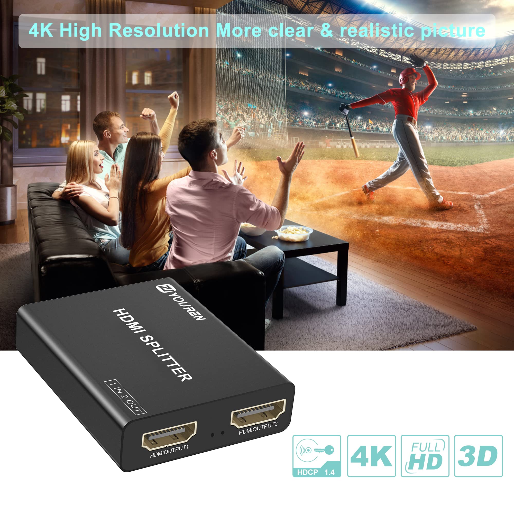 Hdmi Splitter With Hd Hdmi Cable, 1 In 2 Out 4K Hdmi Splitter For Full Hd 4K@30Hz 1080P 3D Splitter (1 Hdmi Source To 2 Hdmi Dis