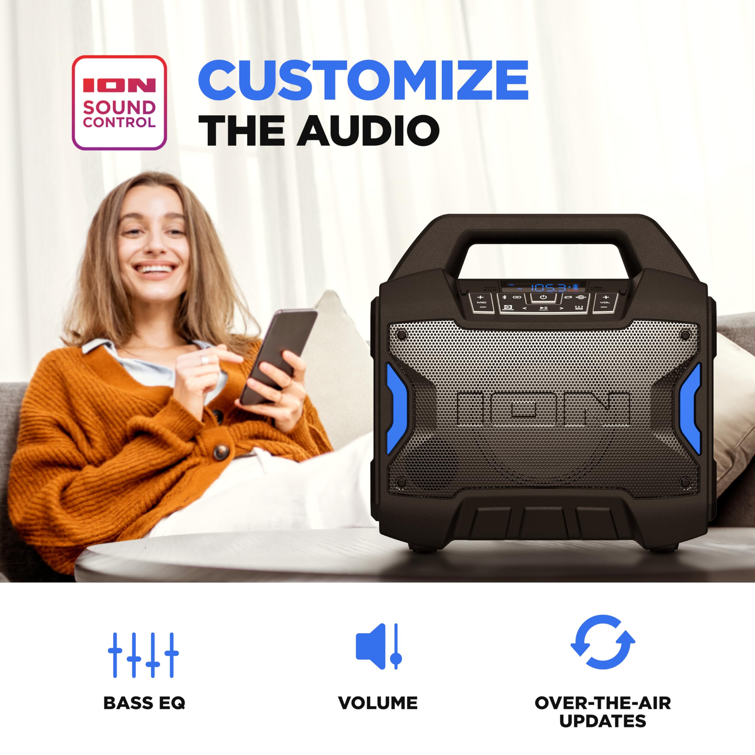 Ion Tailgater Boom - Outdoor Portable Bluetooth Speaker With Mic In, Fm Radio, Usb Port, Battery, Ipx5 Water-Resistant, Wireless