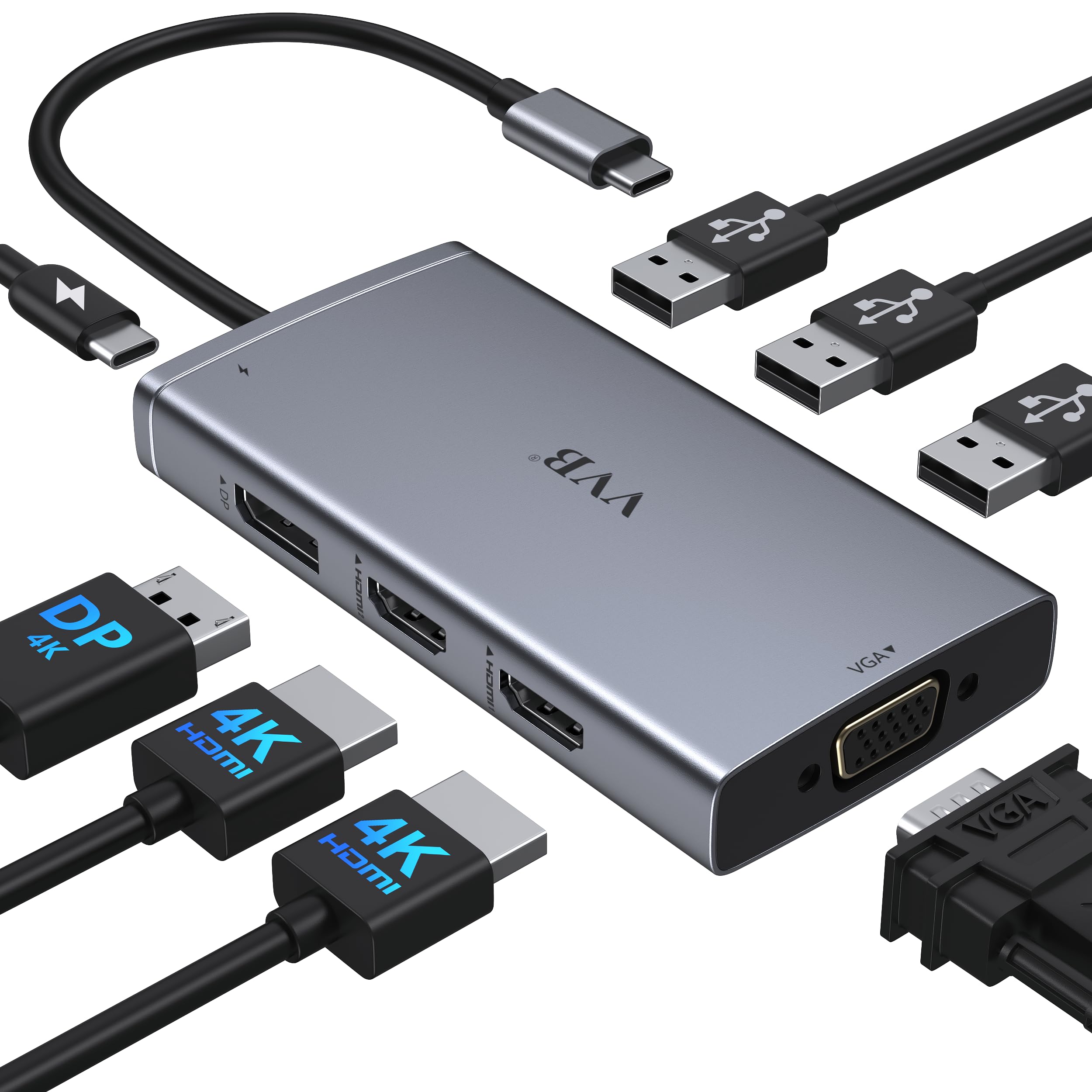 USB C Laptop Docking Station Dual Monitor Adapter for Dell HP, 8 in 1 Docking Station 3 Monitors Hub with 2 HDMI*4K, Displayport