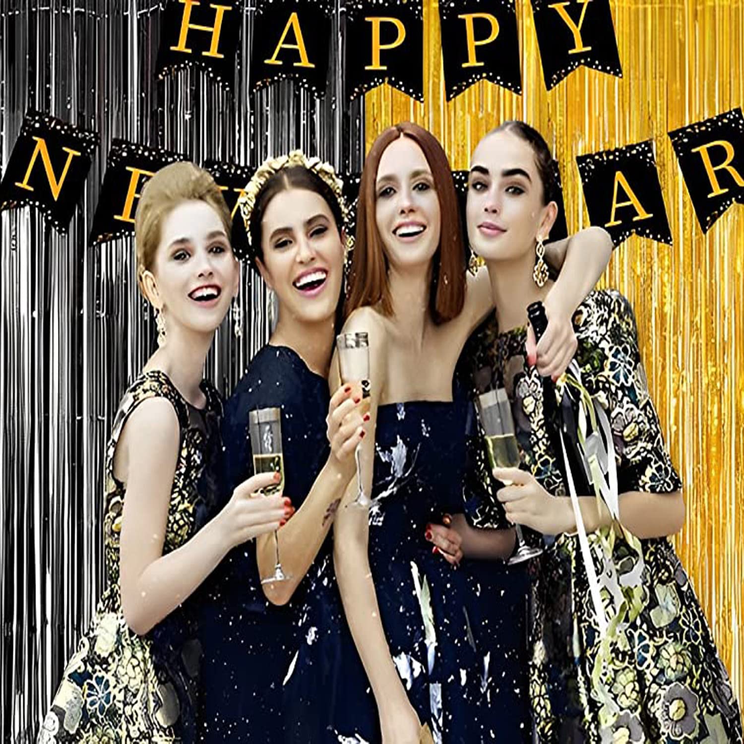 Braveshine Black Gold Foil Fringe Curtain Backdrop   2 Pack 3.2 X 8.2 Ft Metallic Tinsel Photo Booth Streamers Curtains For 50Th