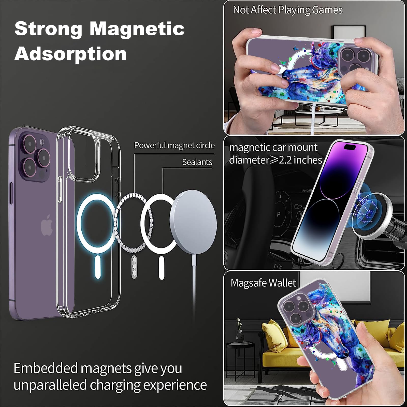 Roemary Purple Horse Case For Iphone 14 Pro Max With Magsafe Design,Magnetic Wireless Charging Clear Transparent Tpu Phone Case