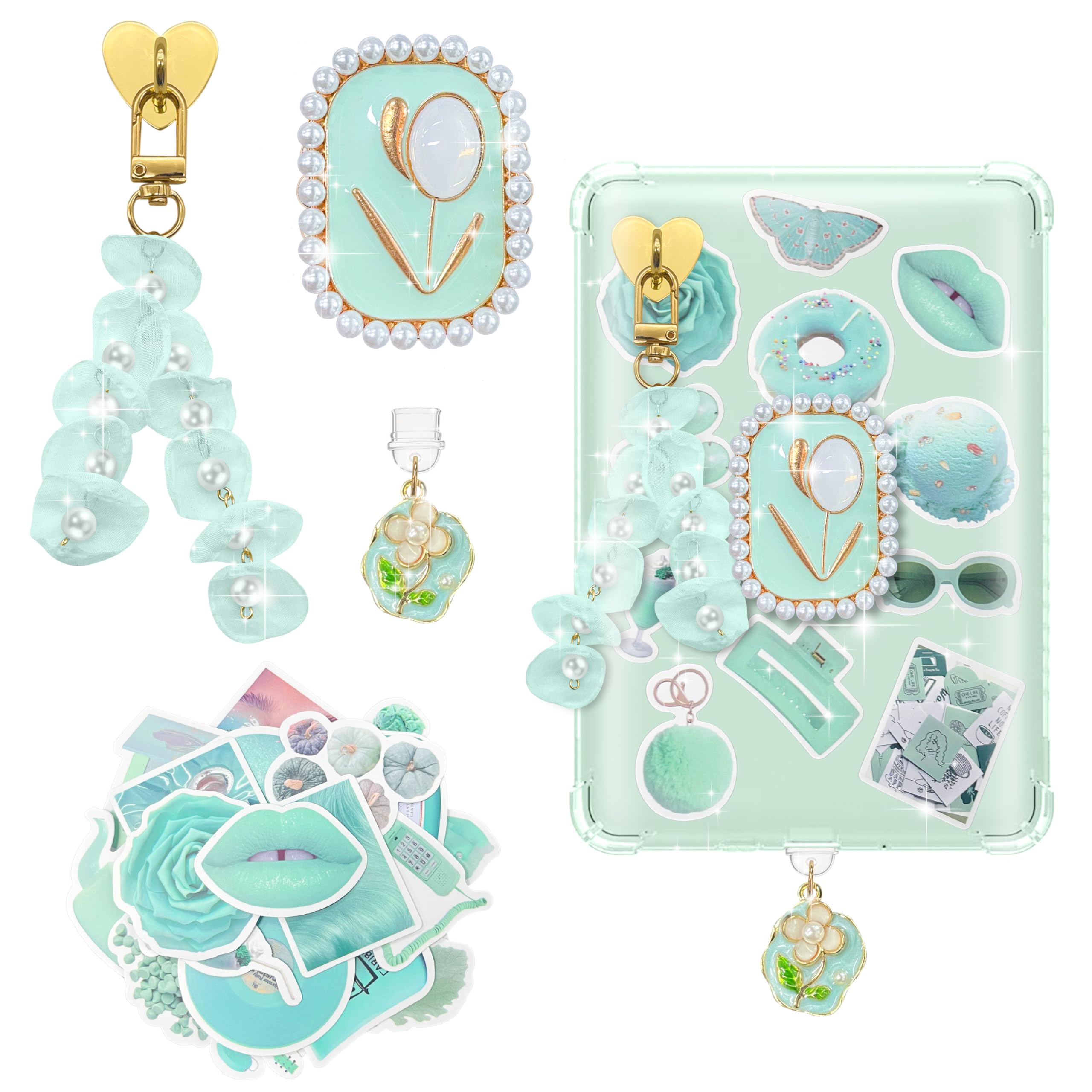 DLDXGXNR Cute Kindle Charms Accessories Set - Type C Dust Plug Charm, Vintage Grip Holder, Dreamy Keychain & Aesthetic Stickers 