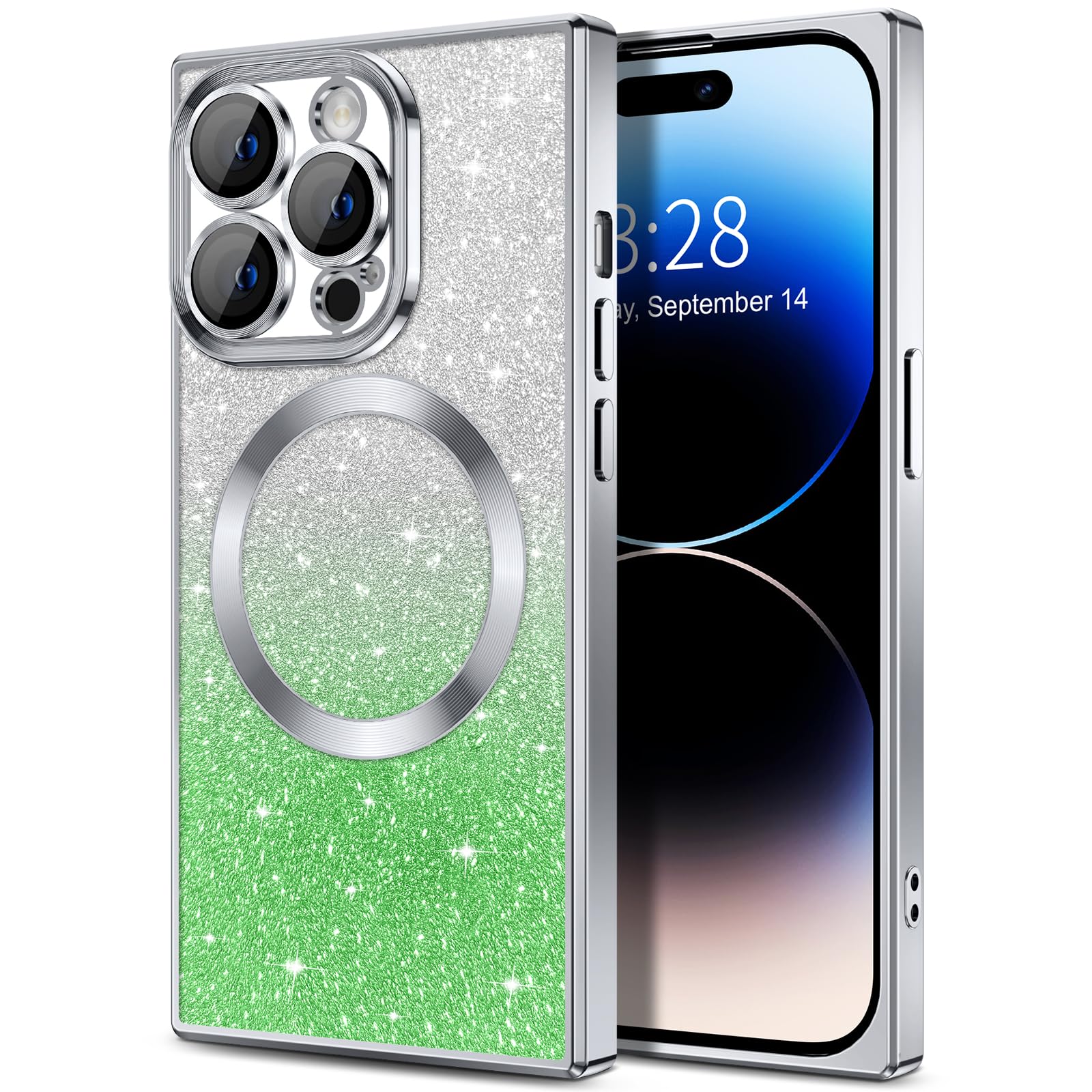 Hython For Iphone 14 Pro Max Case Clear Magnetic Glitter Phone Cases [Compatible With Magsafe] Full Camera Lens Protector Gradie