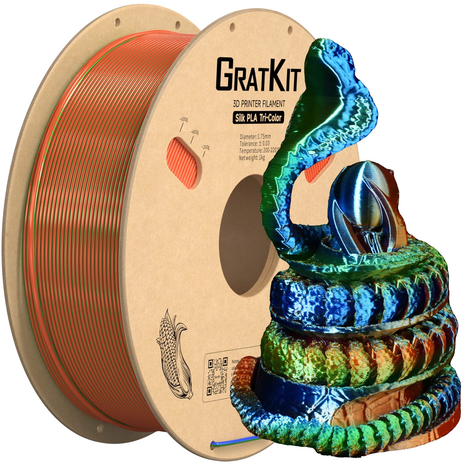 Gratkit Silk Tri Color Pla Filament,Coextrusion Pla Filament 1.75Mm,  0.03Mm, 1Kg/Roll, Silk Pla Orange & Blue & Green