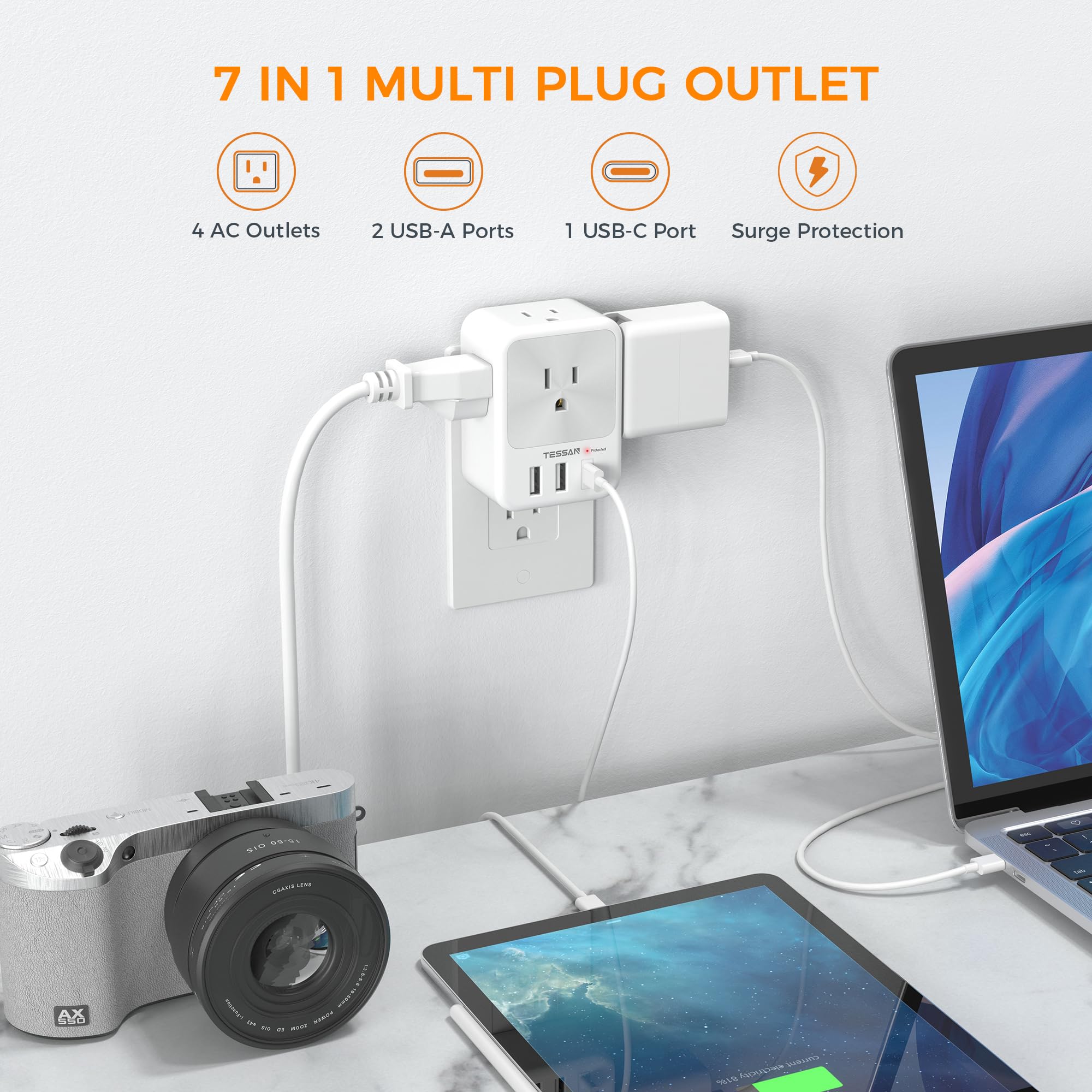 Surge Protector Wall Outlet Extender, Tessan Multi Plug Outlet Splitter With 3 Usb Charging Blocks(1 Usb C), Multi Plug Outlet A