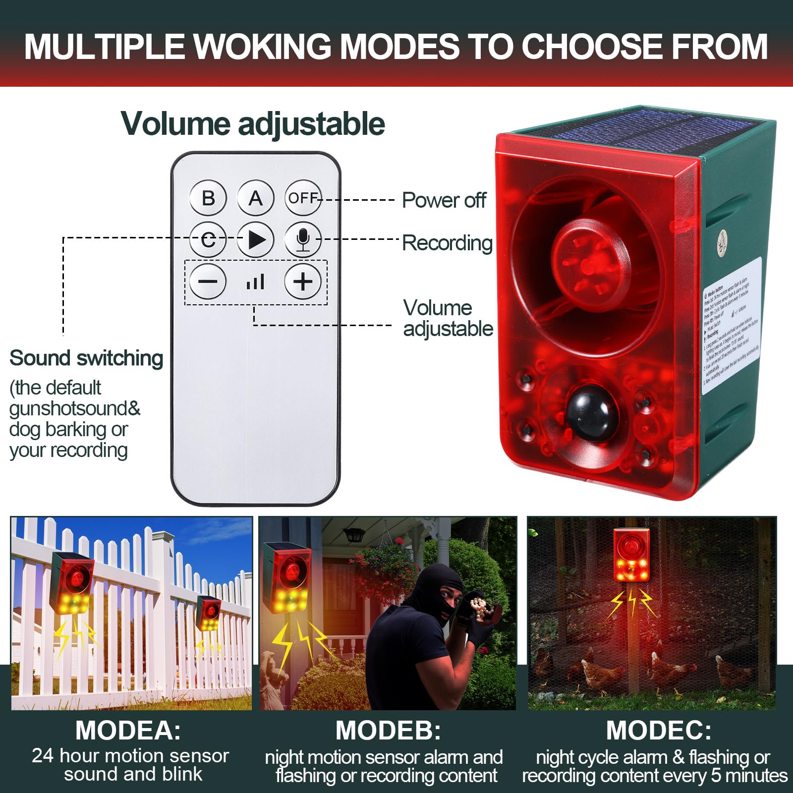 Qualirey 2 Pcs Solar Outdoor Motion Sensor Alarm Animal Deterrent Gunshot Sound Dog Barking 130Db Loud Noise Maker 3 Modes With